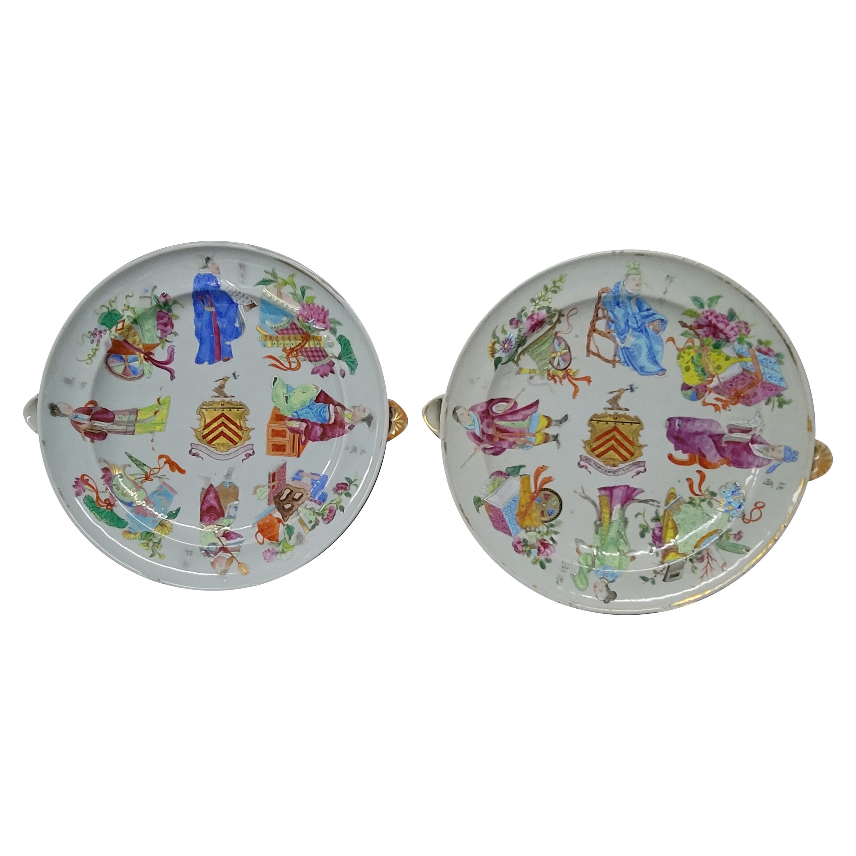 Large Pair Chinese Export Armorial Warming Plates Chauncey Family, Circa 1815 For Sale