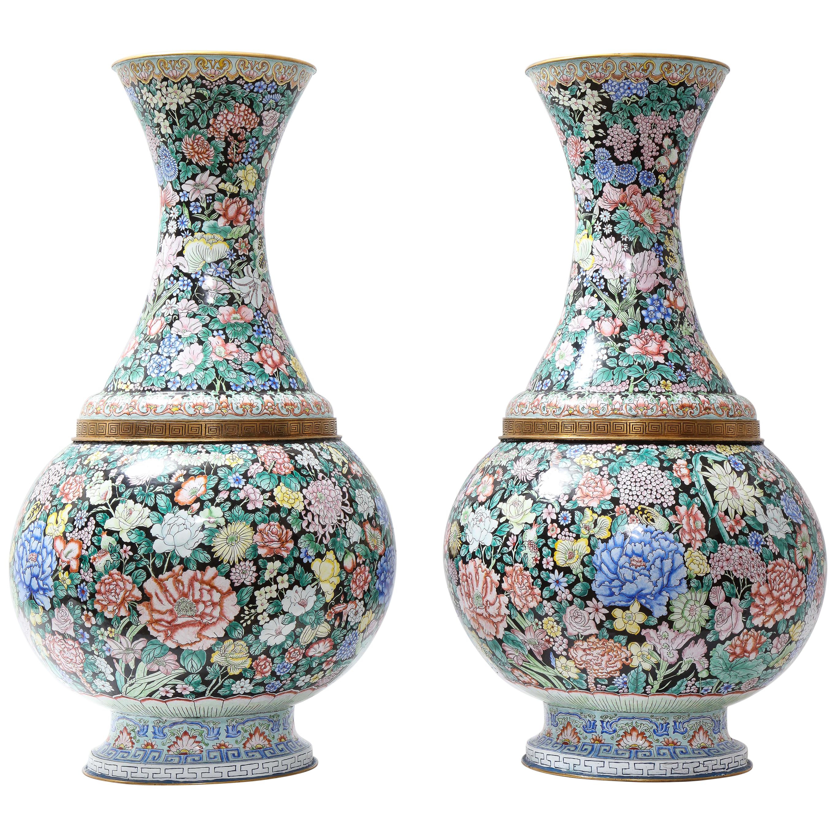 Large Pair Chinese Famille Noir Canton Enamel Vases Painted W/ Flowers & Fruit