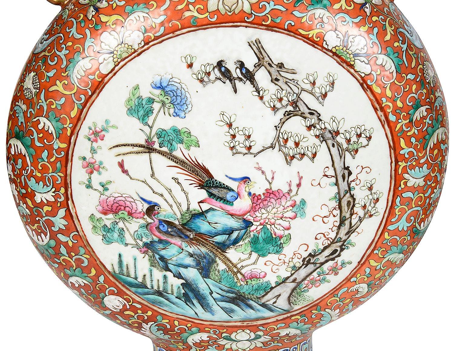 Hand-Painted Large Pair Chinese Famille Rose Moon flasks, 1880. For Sale