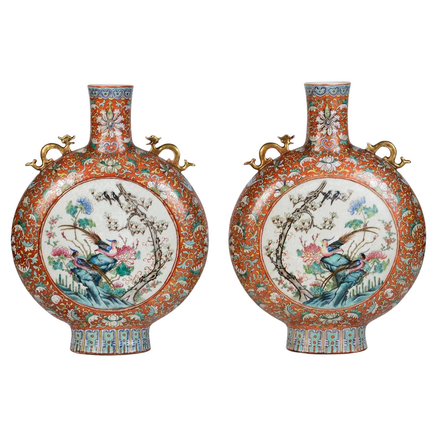 Large Pair Chinese Famille Rose Moon flasks, 1880. For Sale