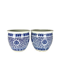 Large Pair Chinese Planters Hand Painted Underglaze Cobalt Blue Peony Scroll