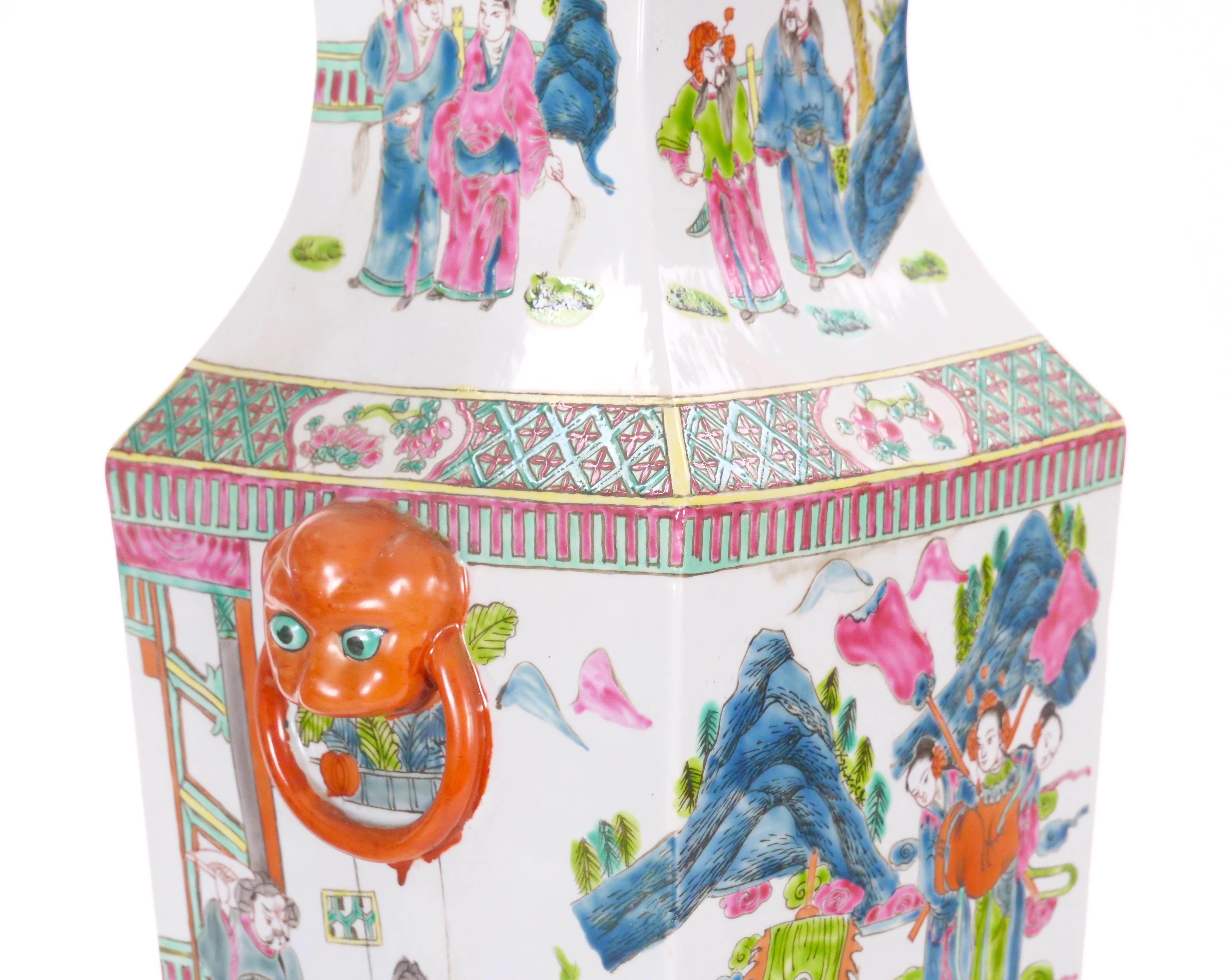 Large Pair Chinese Porcelain Famille Rose Decorative Vases, c. 1900's For Sale 4