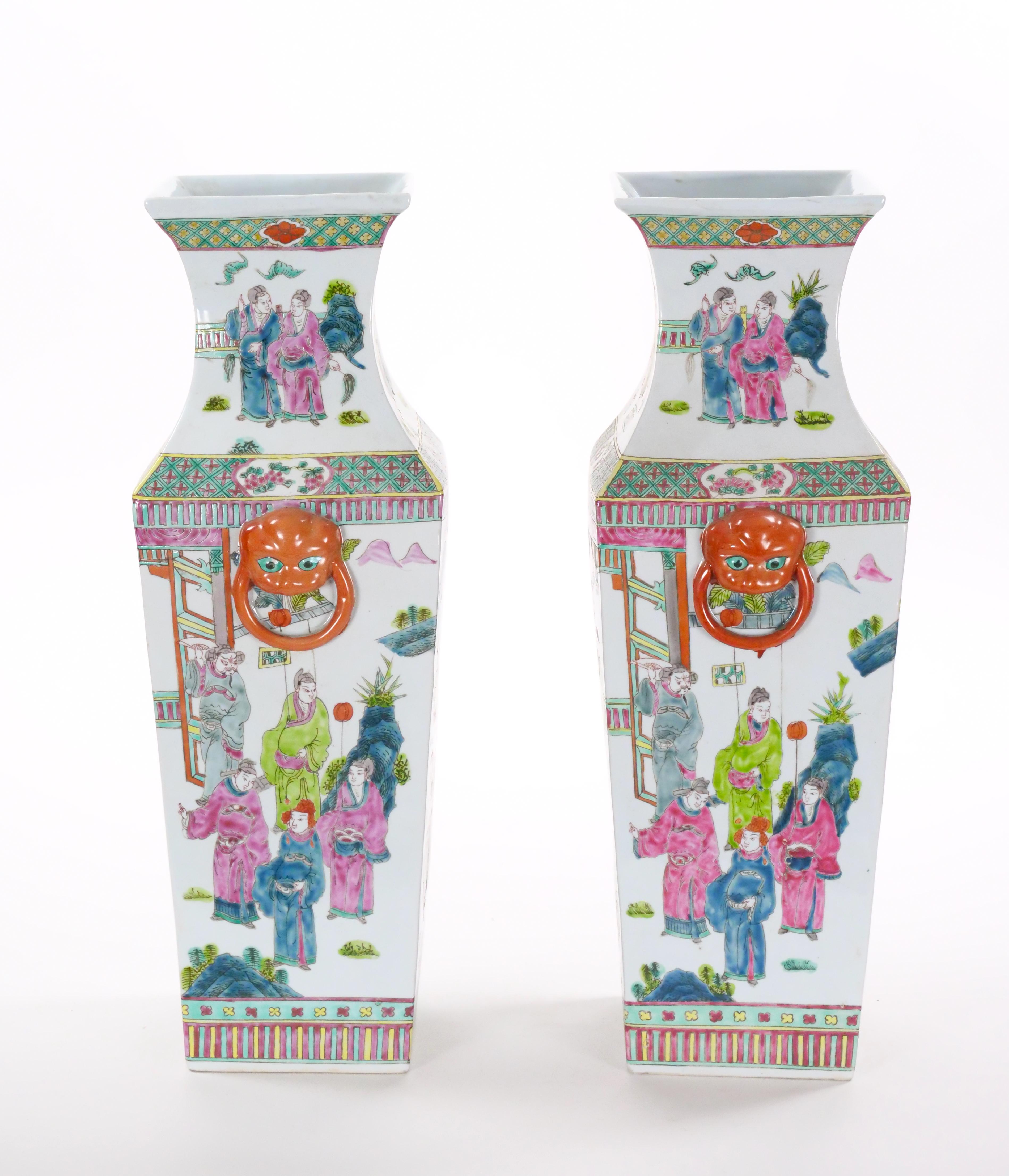 Chinoiserie Large Pair Chinese Porcelain Famille Rose Decorative Vases, c. 1900's For Sale