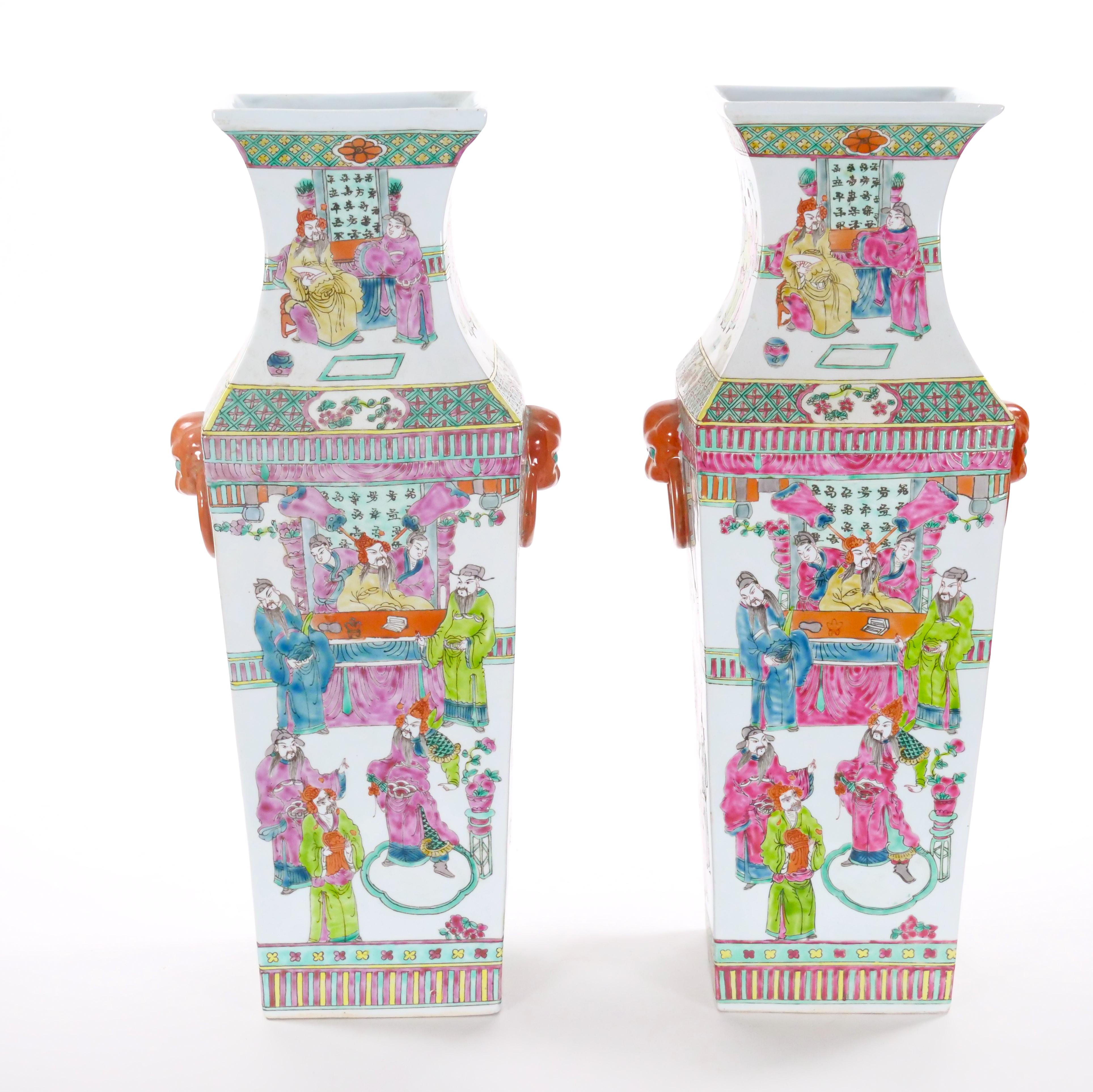 Glazed Large Pair Chinese Porcelain Famille Rose Decorative Vases, c. 1900's For Sale