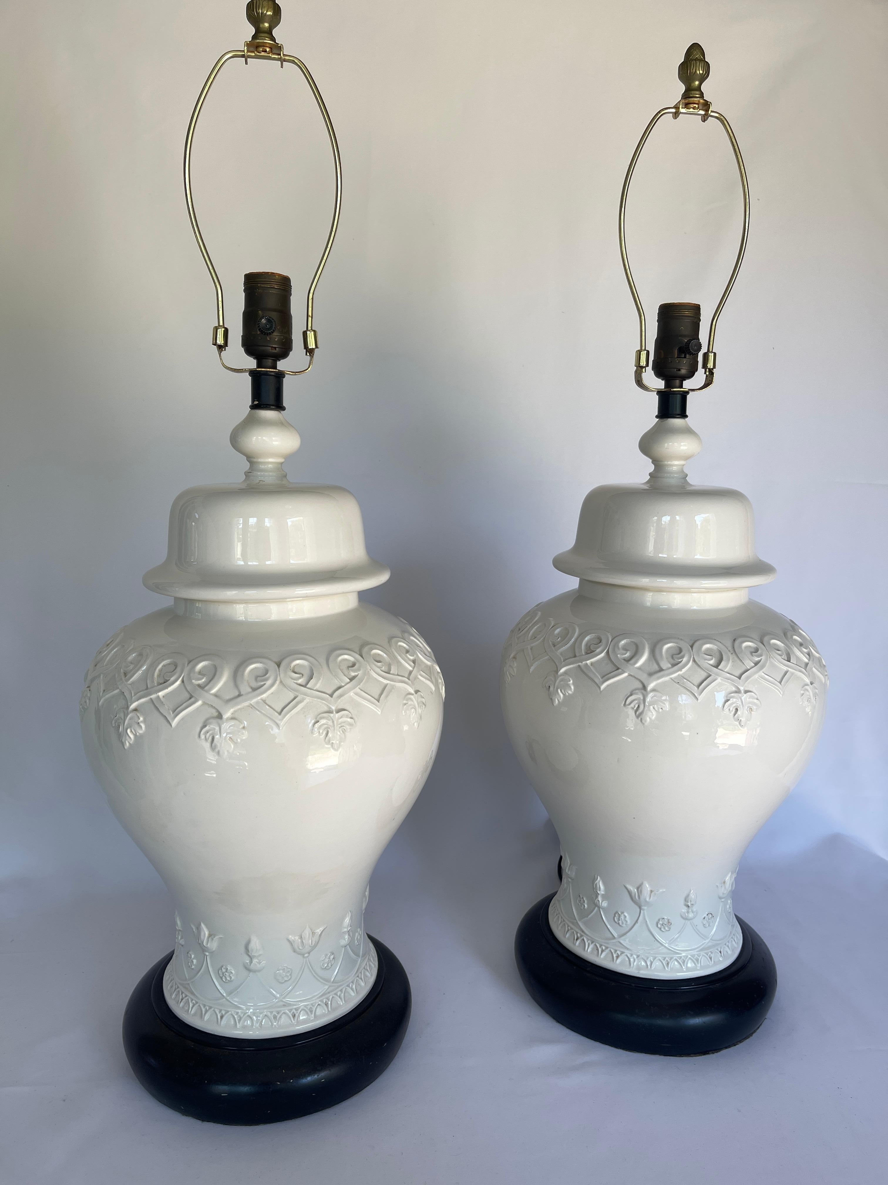 Glazed Large Pair Chinoiserie Italian Ceramic Blanc De Chine Ginger Jar Lamps For Sale