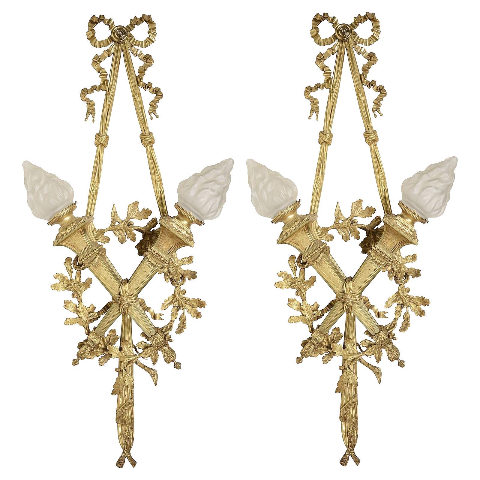 Large Pair Classical 19th Century Ormolu Wall Lights For Sale