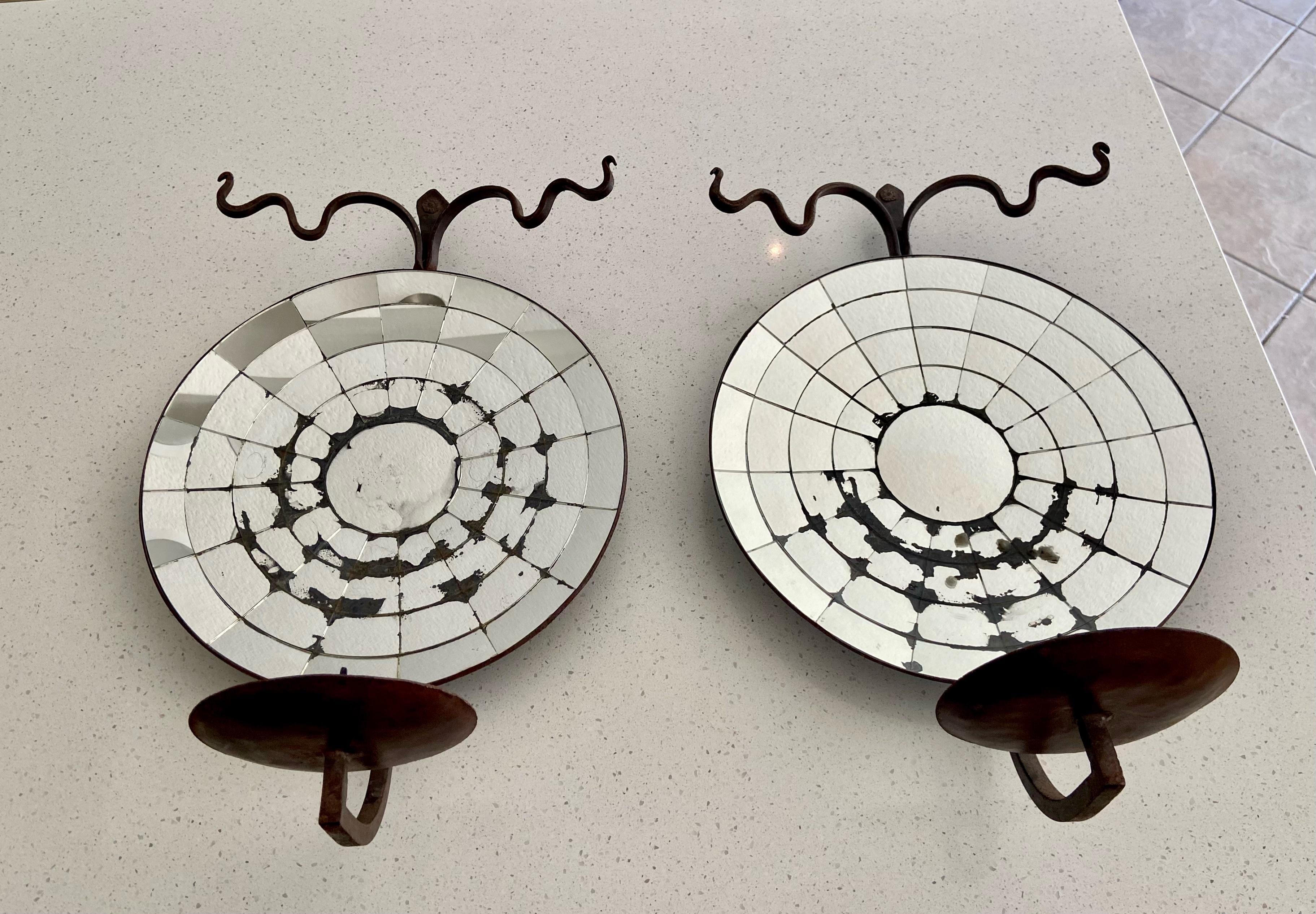 North American Large Pair Concave Mirrored Reflector Candle Wall Sconces