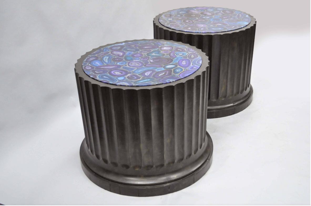 Large pair of custom fluted Column pedestal stands with painted faux purple malachite tops. Item features Impressive and large pair of heavy Mid-Late 20th century custom-made fluted column pedestal stands with faux purple malachite specimen painted