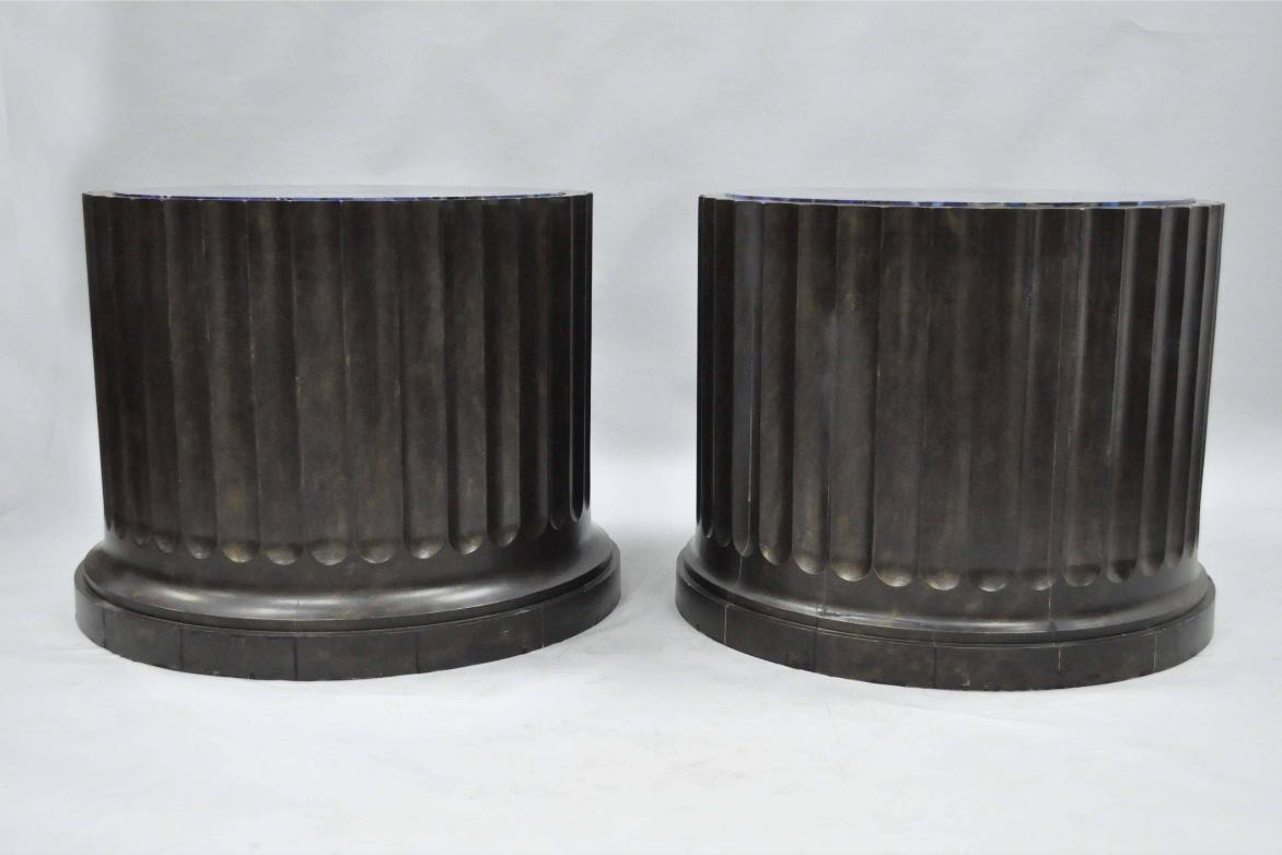 Large Pair Custom Fluted Column Pedestal Stand Painted Faux Purple Malachite Top In Good Condition For Sale In Philadelphia, PA