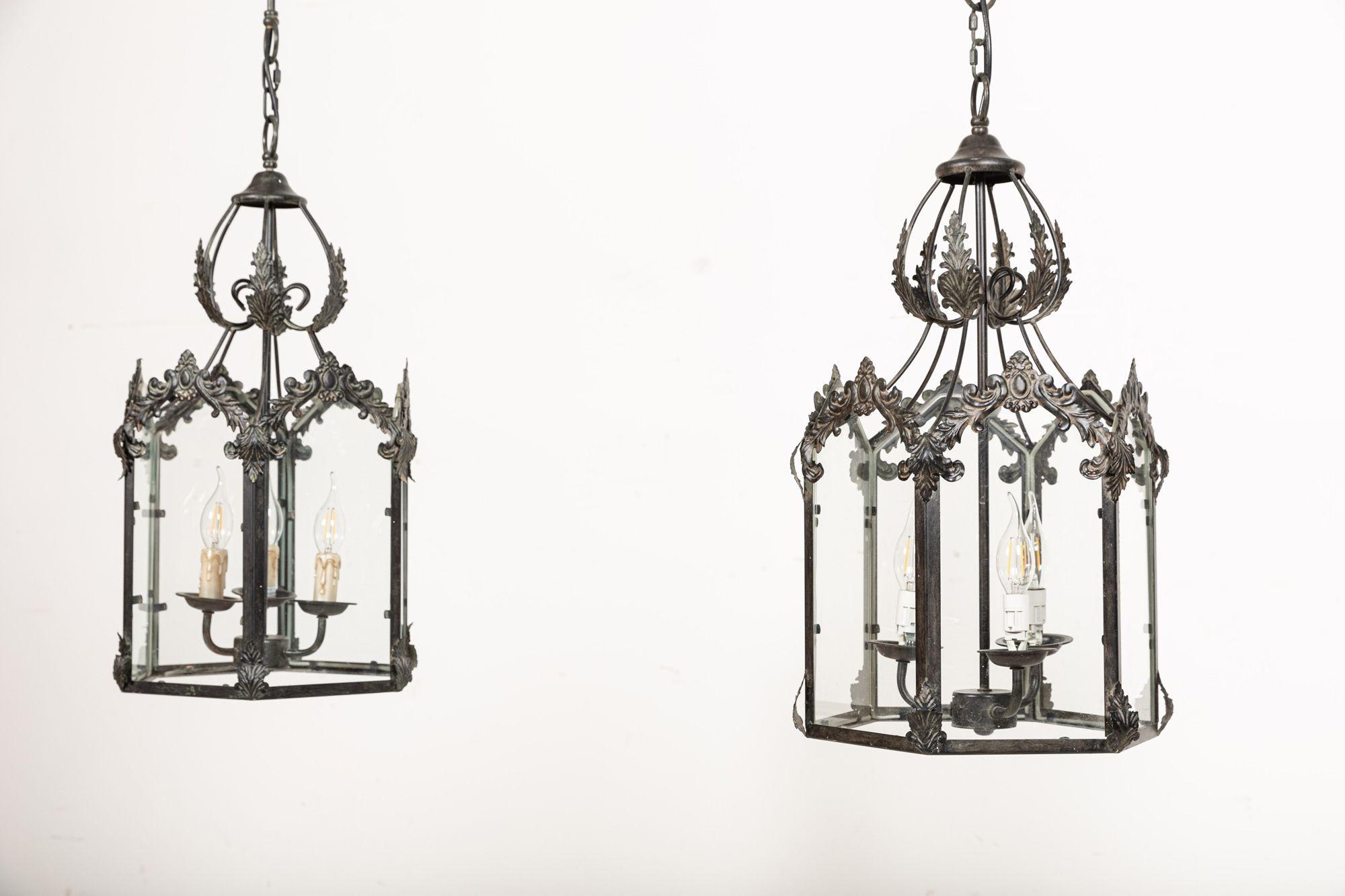 20th Century Large Pair Decorative Glazed Hall Lanterns