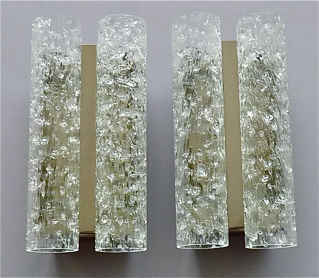 Mid-Century Modern Large Pair Doria Sconces Chrome Metal Murano Ice Glass Tubes Venini Style, 1960s For Sale