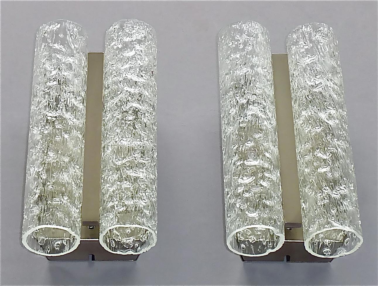 German Large Pair Doria Sconces Chrome Metal Murano Ice Glass Tubes Venini Style, 1960s For Sale