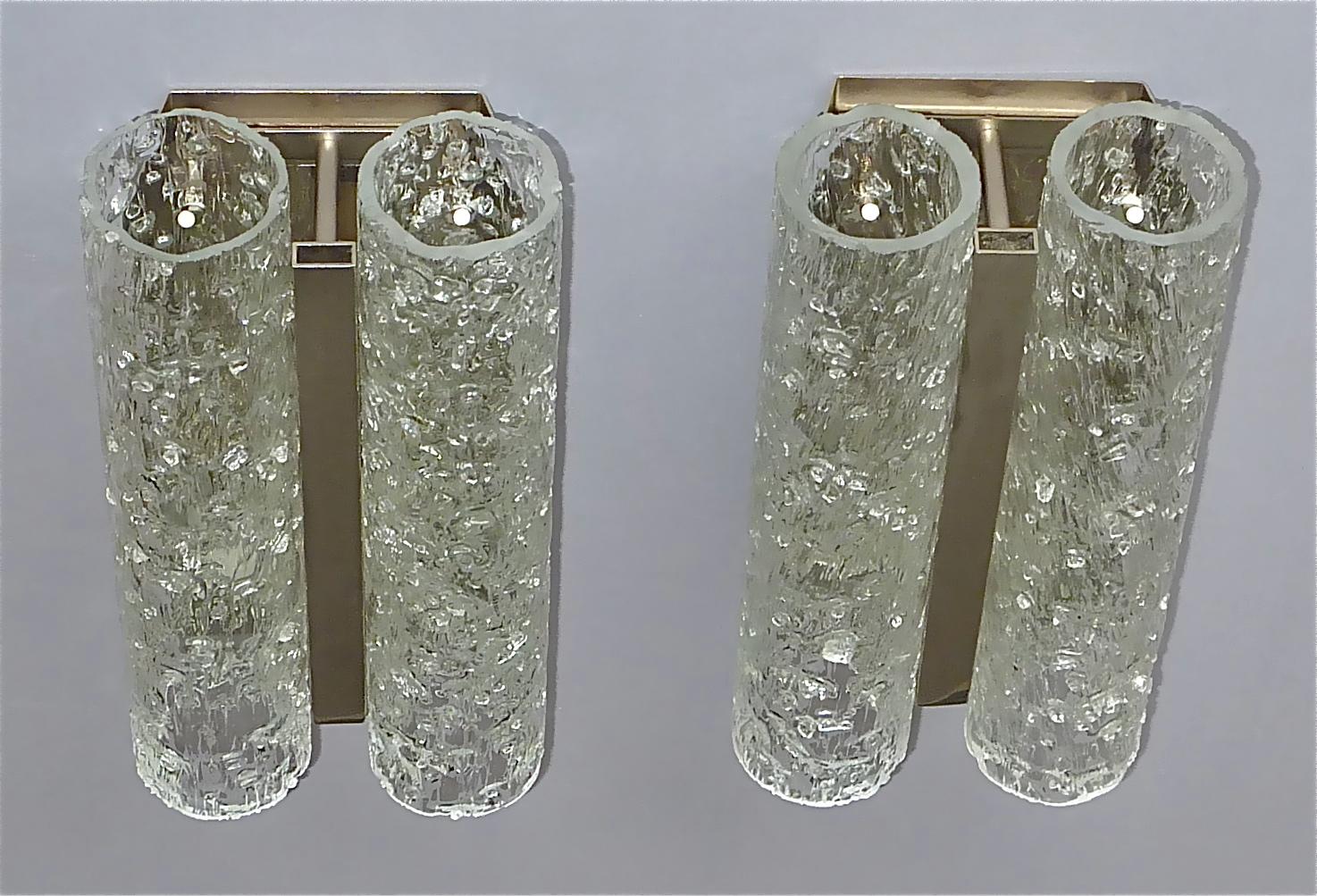 Hand-Crafted Large Pair Doria Sconces Chrome Metal Murano Ice Glass Tubes Venini Style, 1960s For Sale