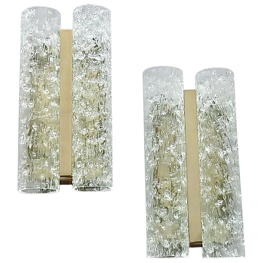 Large Pair Doria Sconces Chrome Metal Murano Ice Glass Tubes Venini Style, 1960s