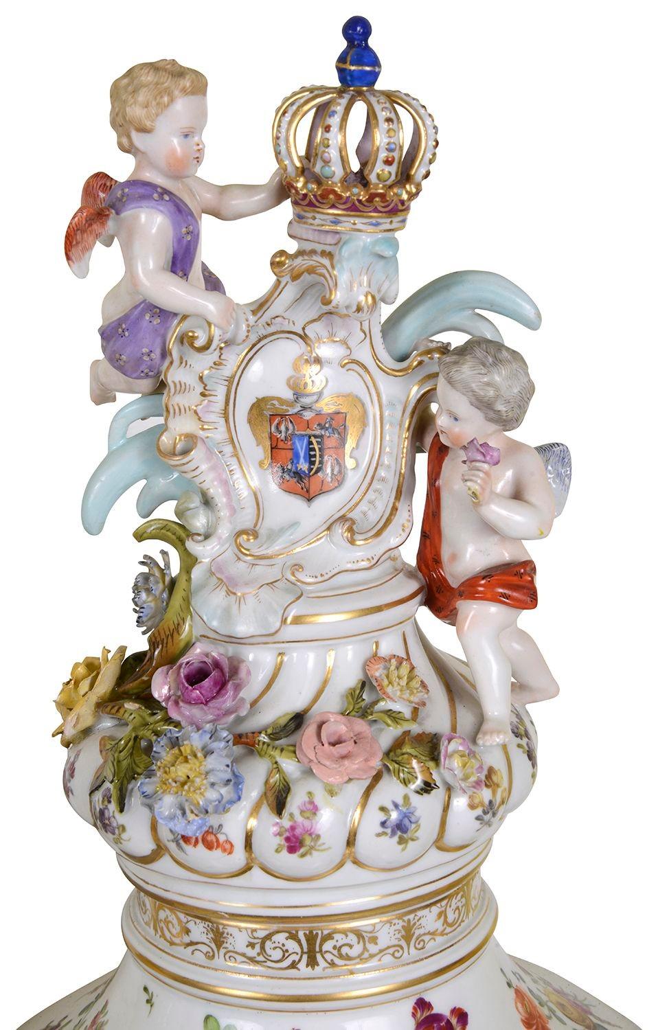 German Large Pair Dresden porcelain lidded vases, circa 1890. For Sale