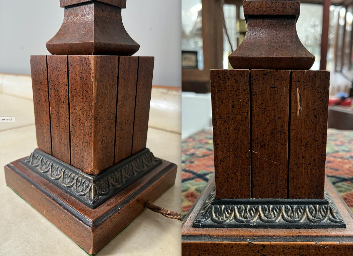 Großes Paar Empire Stil korinthische Säule Lampen Midcentury American Wood Messing im Angebot 8