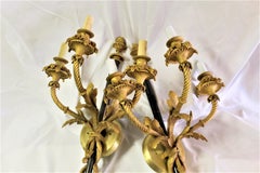 Large Pair, Empire Style Sconces, 18-Karat Gold Plate, 3 Lights, Black  Shaft