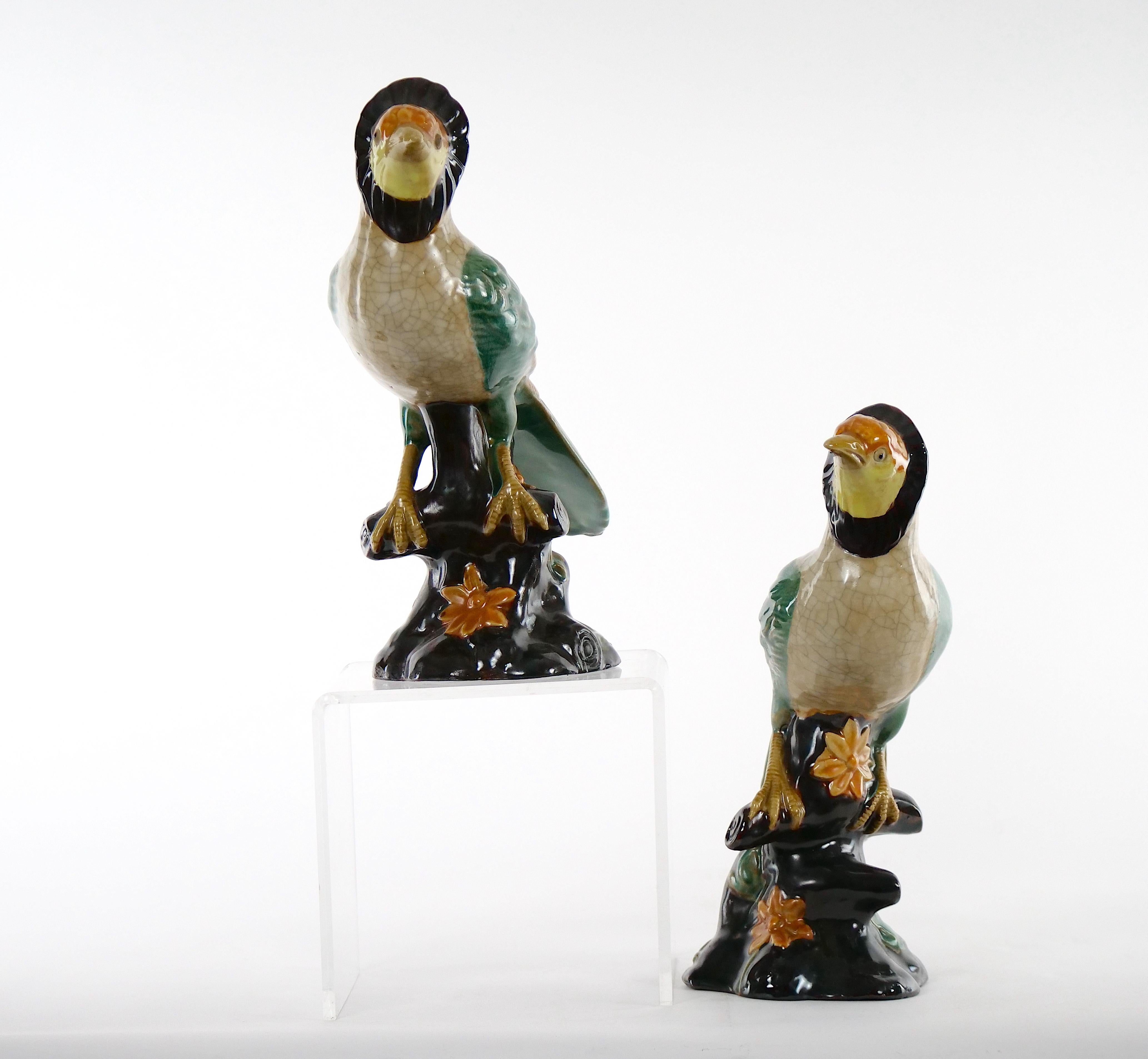 Hollywood Regency Large Pair English Glazed Porcelain / Terracotta Birds Statues For Sale