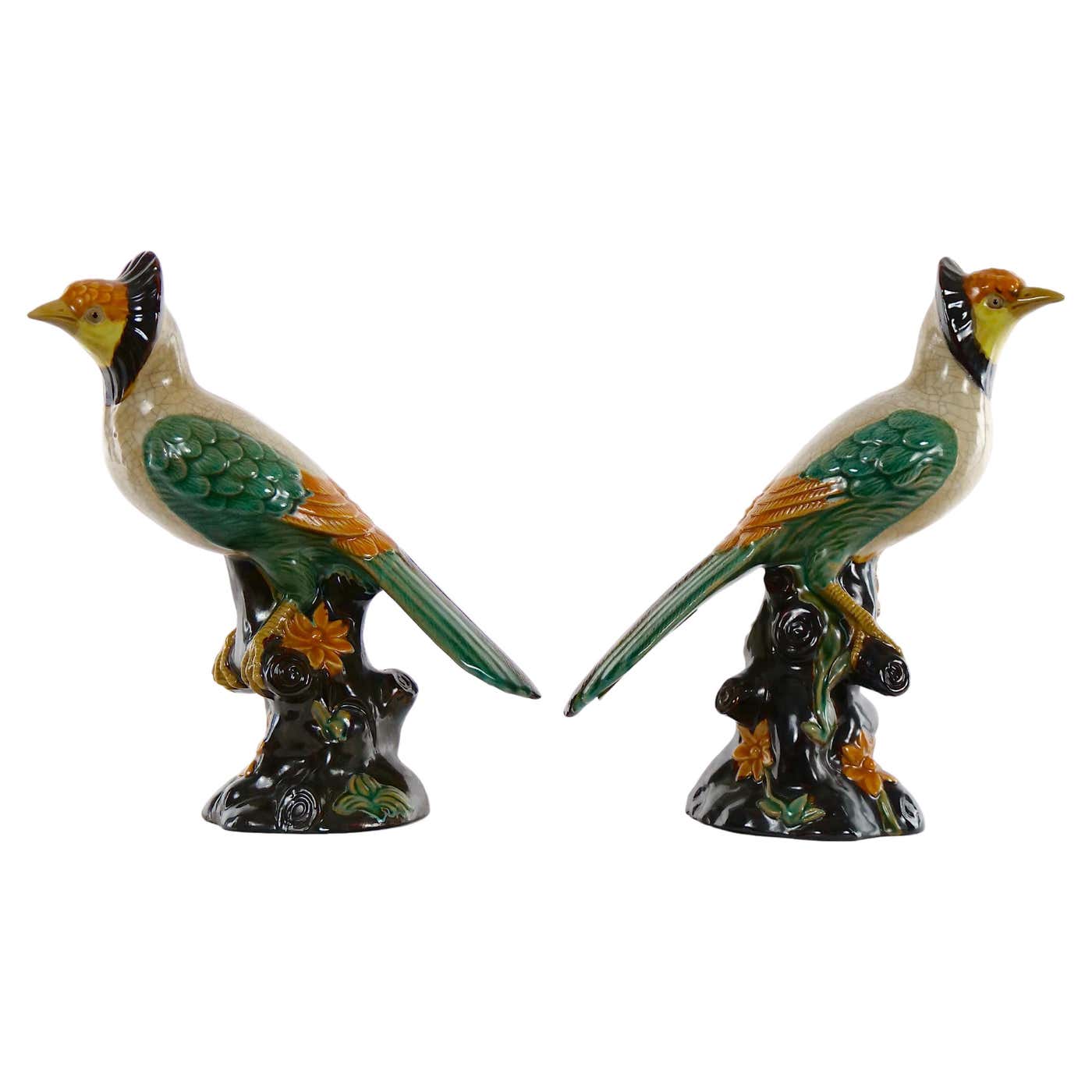 Large Pair English Glazed Porcelain / Terracotta Birds Statues For Sale ...