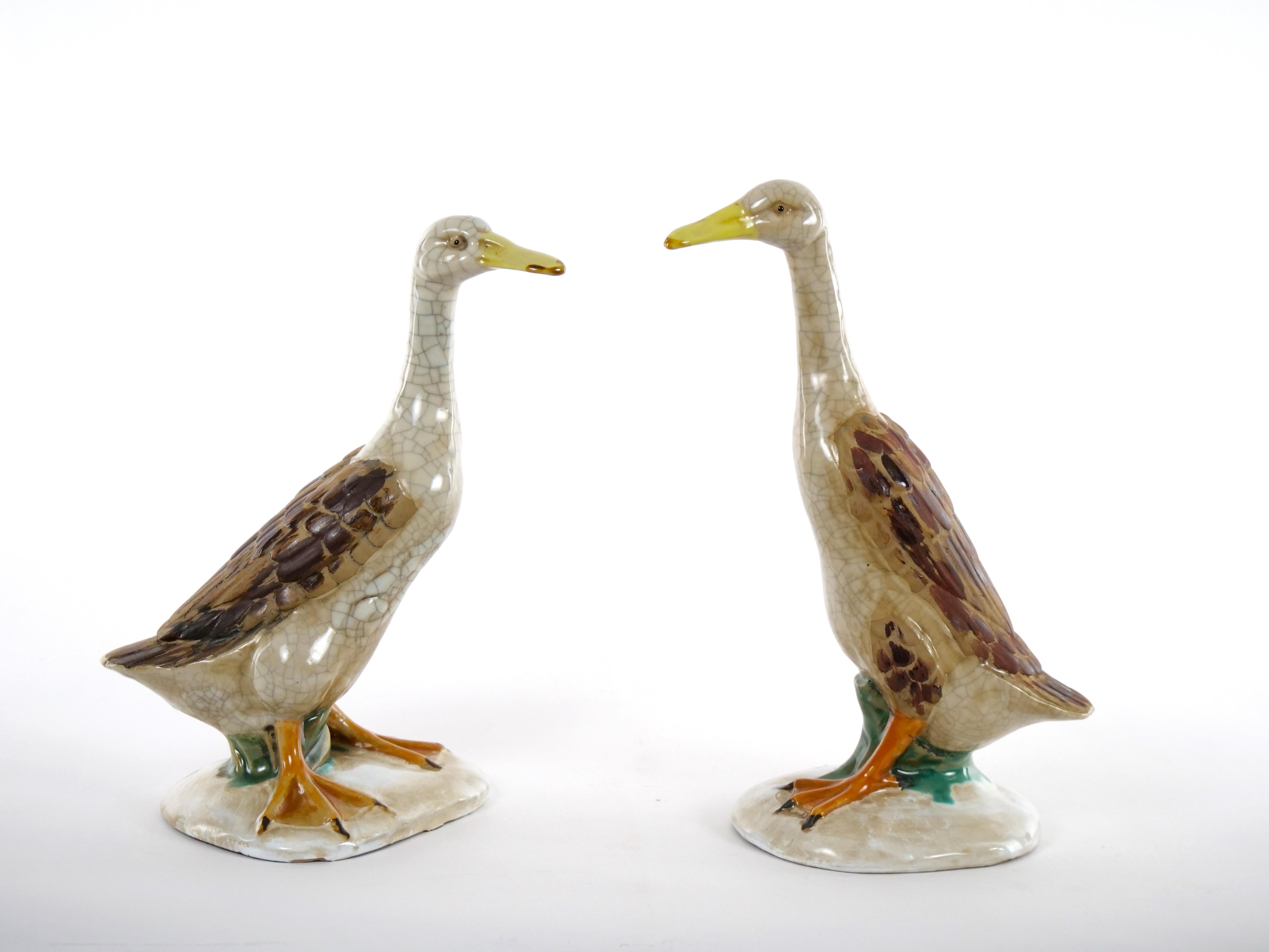 Large Pair English Glazed Porcelain / Terracotta Duck Statues For Sale 7