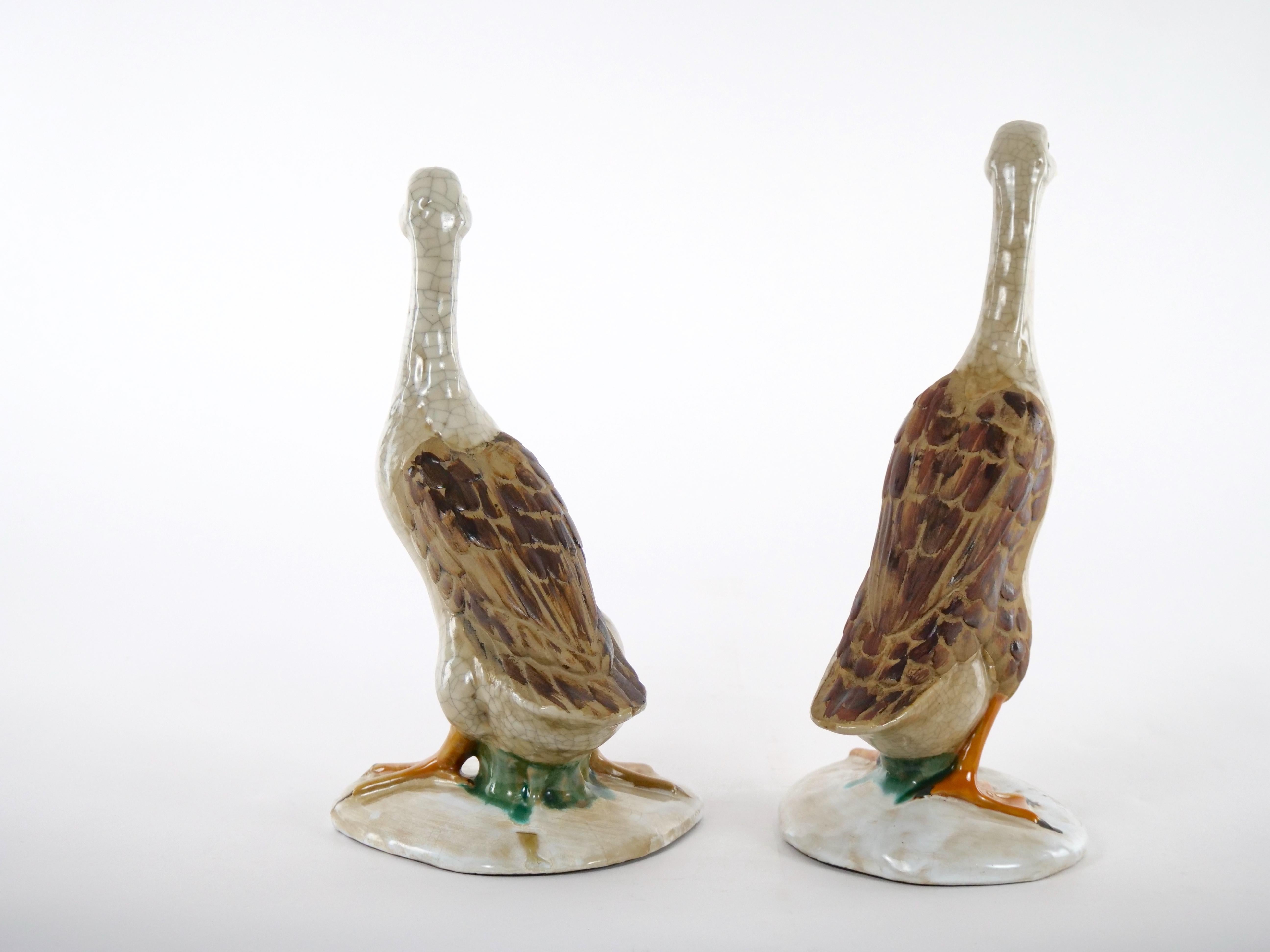 Hollywood Regency Large Pair English Glazed Porcelain / Terracotta Duck Statues For Sale