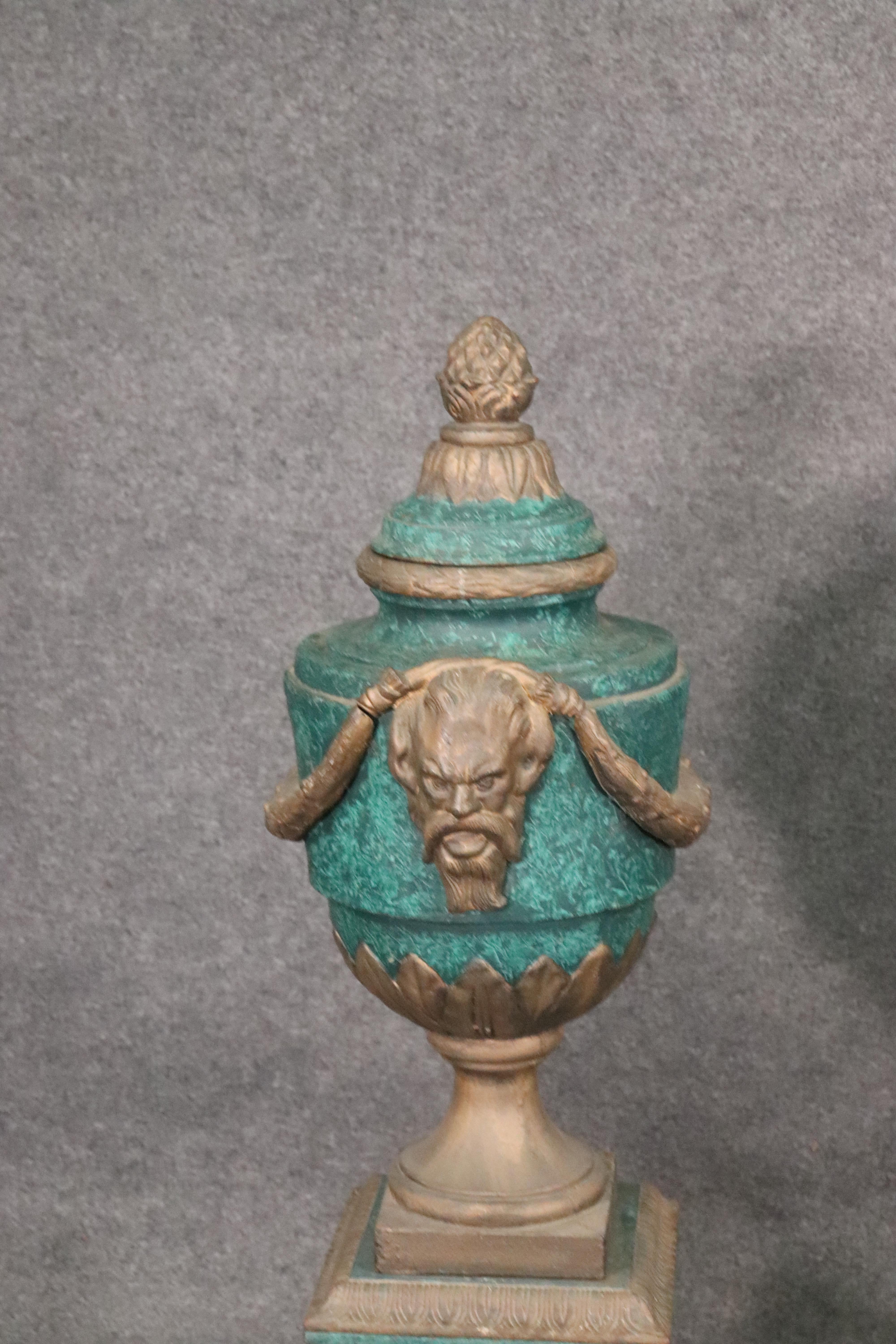 Regency Large Pair of Faux Malachite and Faux Bronze Painted Cast Iron Urns with Saytrs