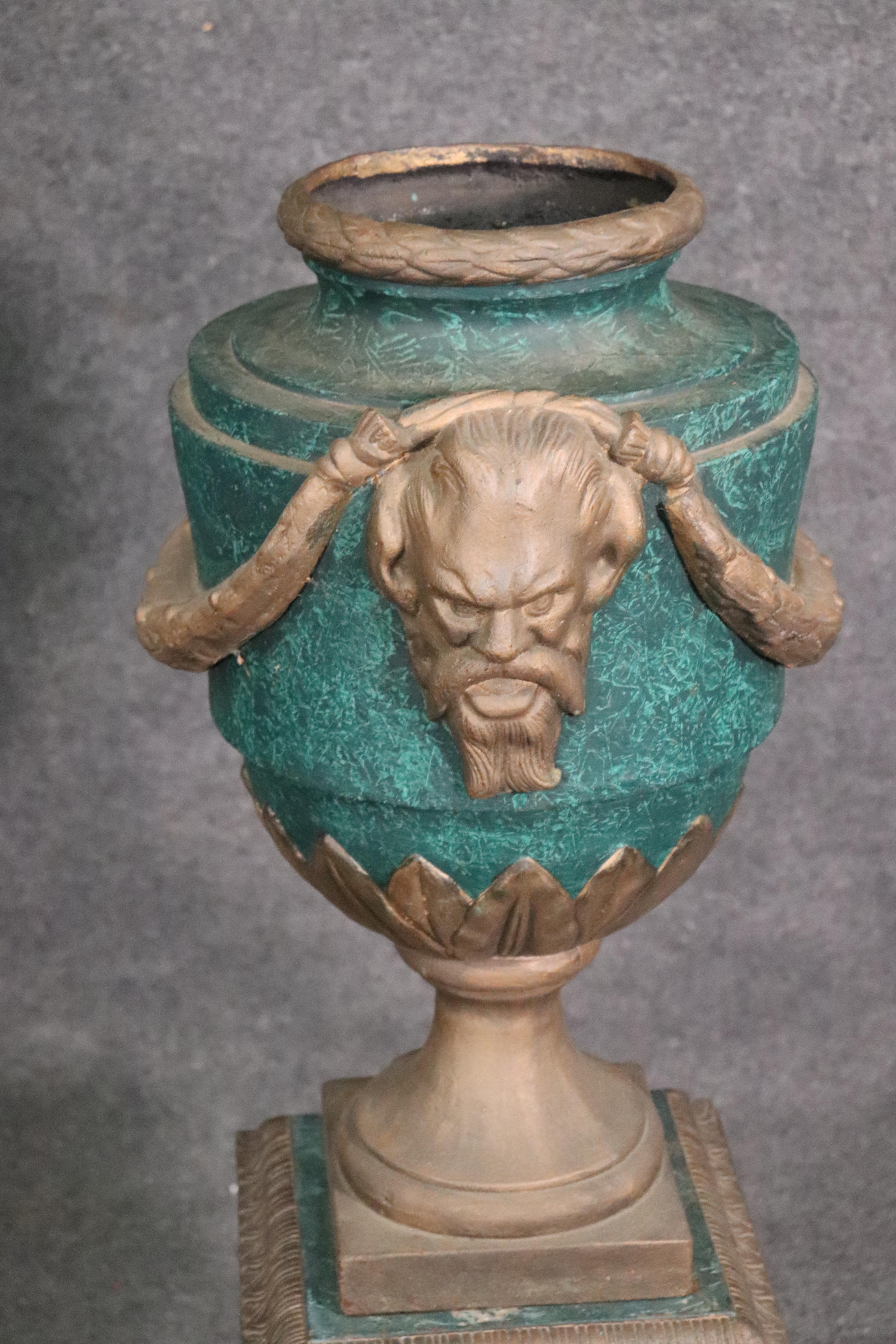 French Large Pair of Faux Malachite and Faux Bronze Painted Cast Iron Urns with Saytrs