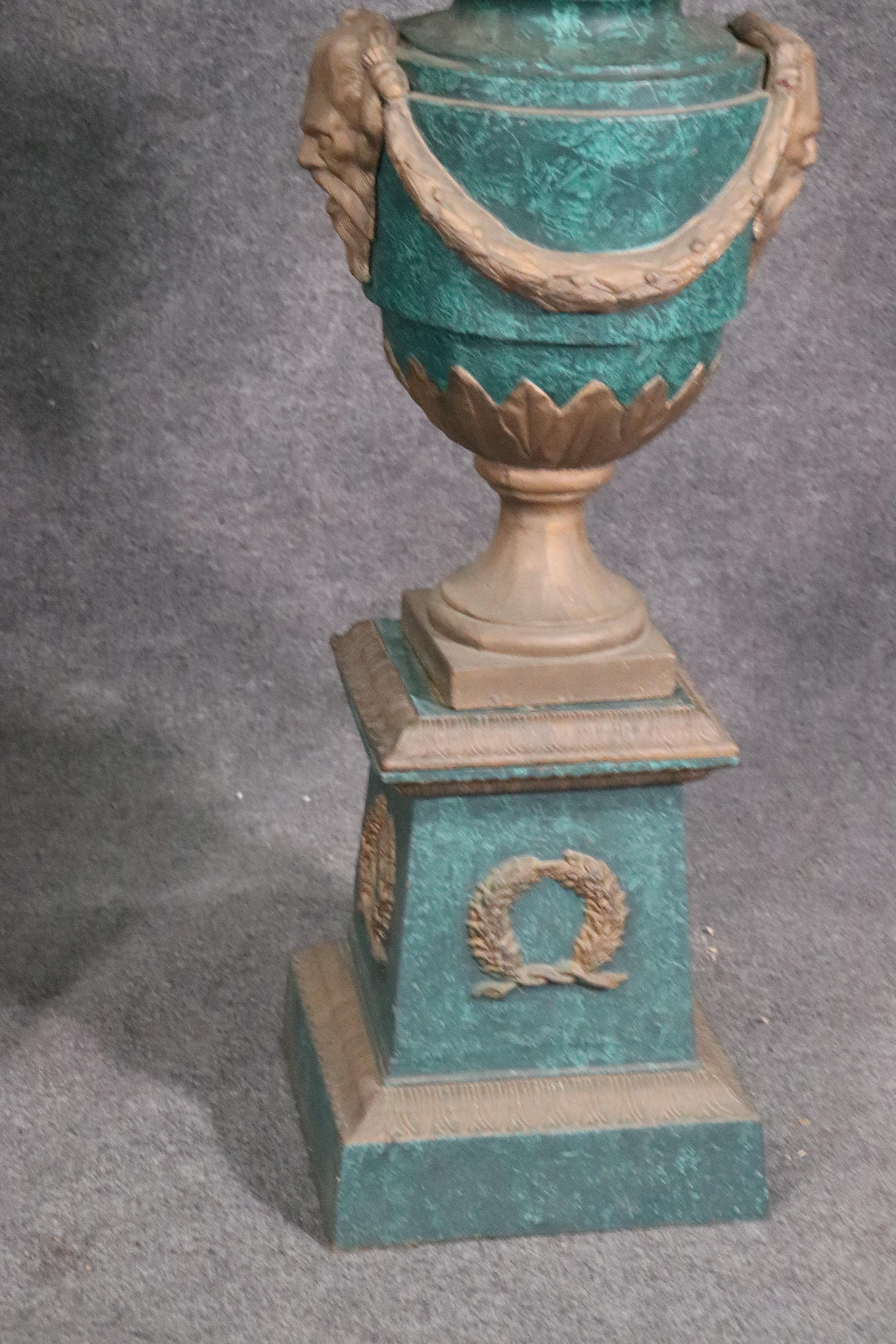 Large Pair of Faux Malachite and Faux Bronze Painted Cast Iron Urns with Saytrs In Good Condition In Swedesboro, NJ