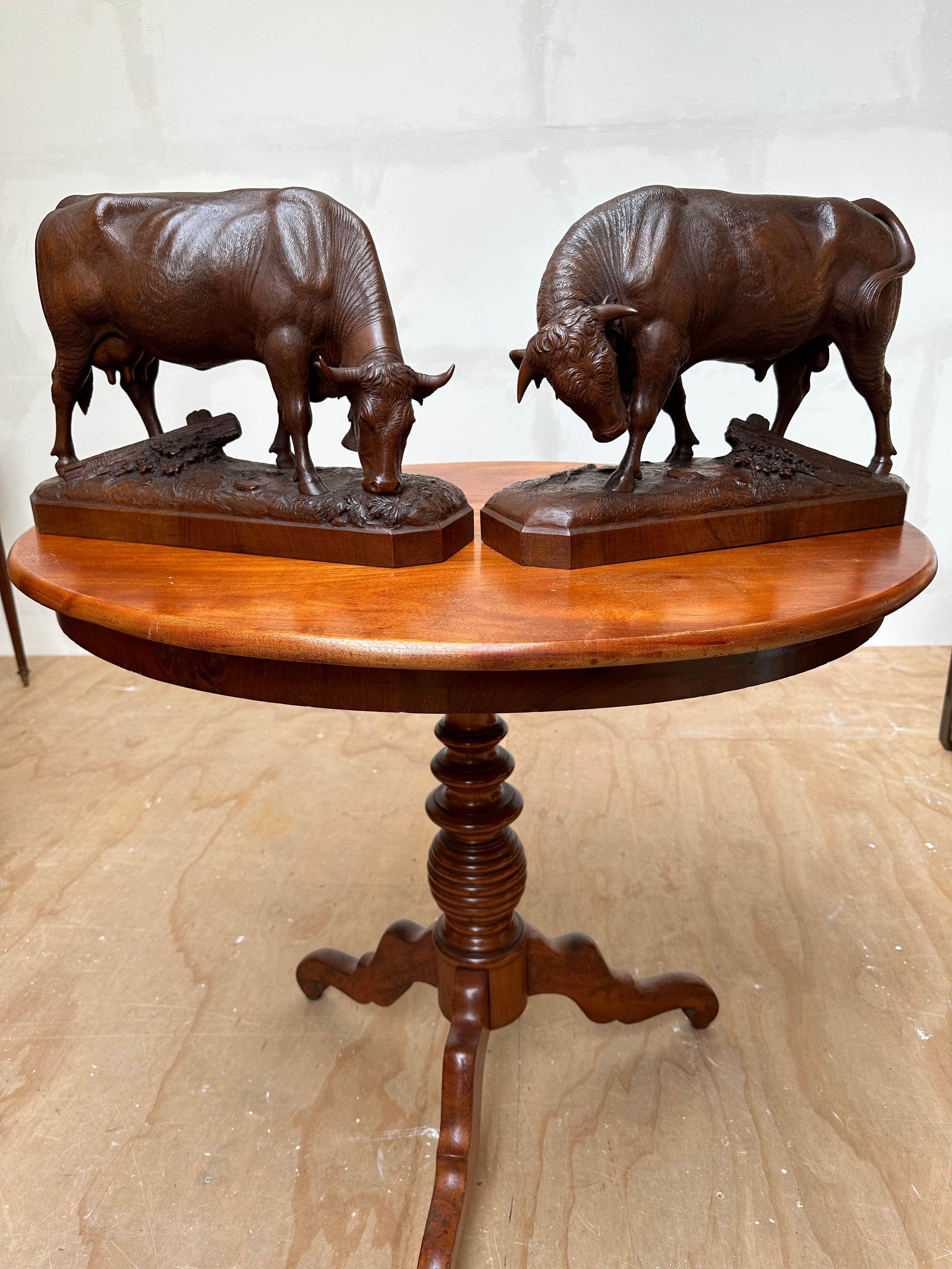 Large Pair & Finest Quality, Antique Nutwood Swiss Black Forest Bull and Cow In Excellent Condition In Lisse, NL