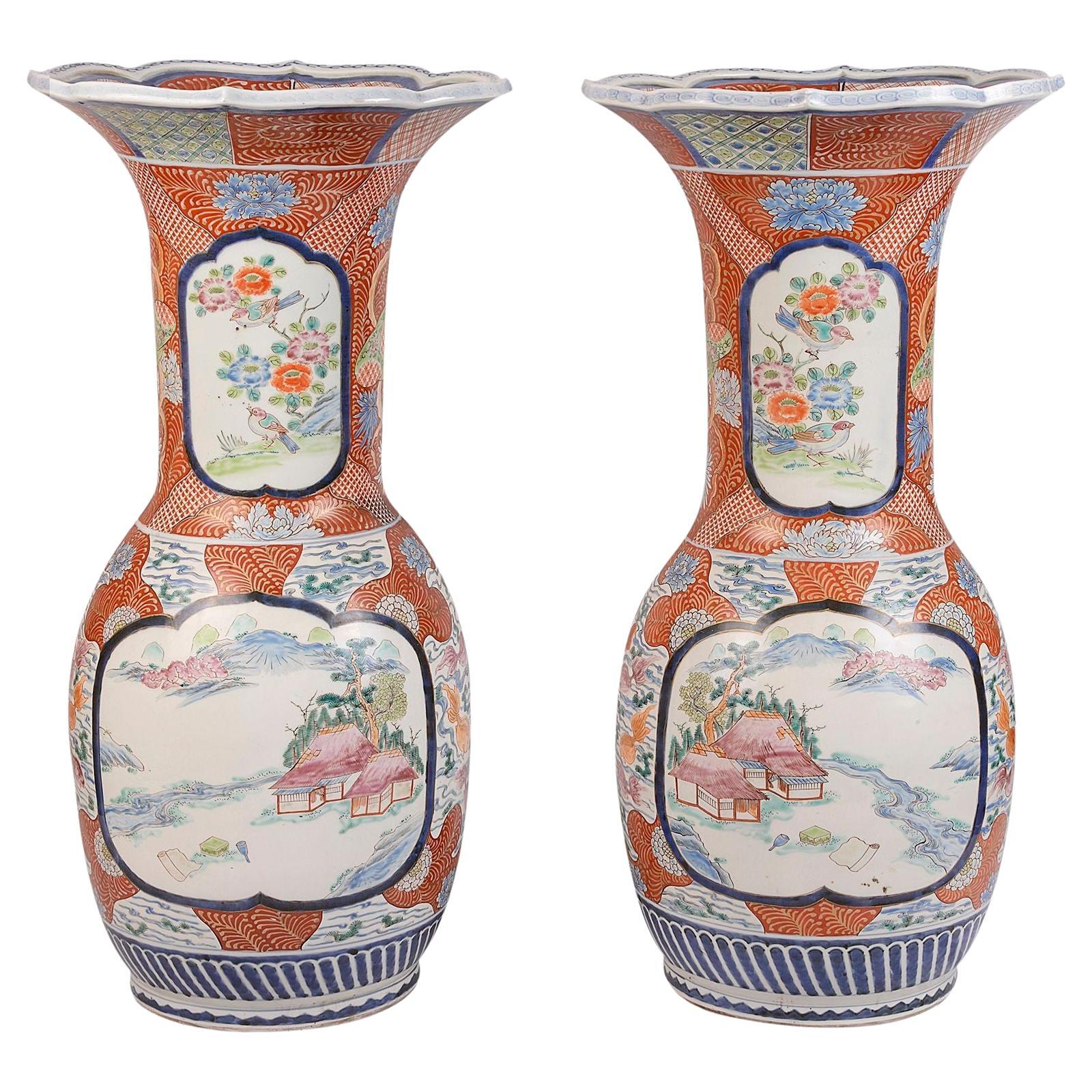 Large Pair Flared Neck Kutani Vases, circa 1890 For Sale