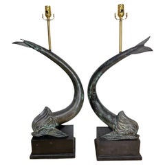 Large Pair French Bronze Dolphin Motif Lamps Style of E. Guillemard