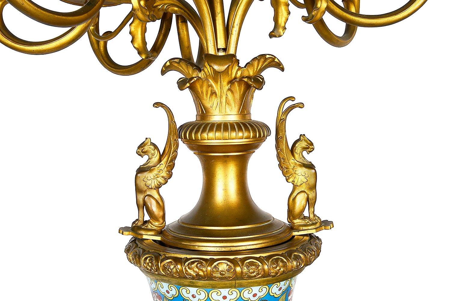 Large pair French Cloisonné + ormolu candelabra, 19th Century. 1