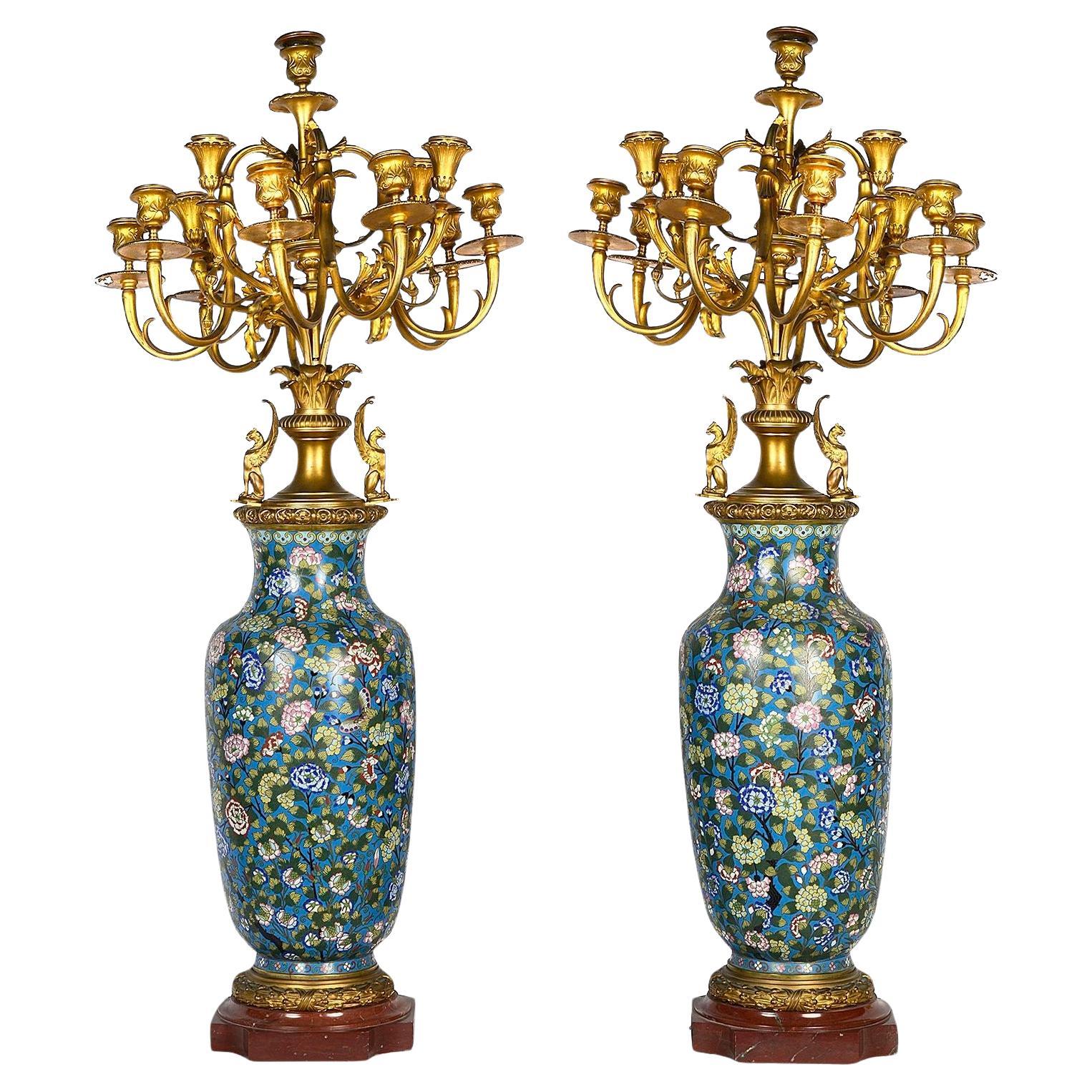 Large pair French Cloisonné + ormolu candelabra, 19th Century.