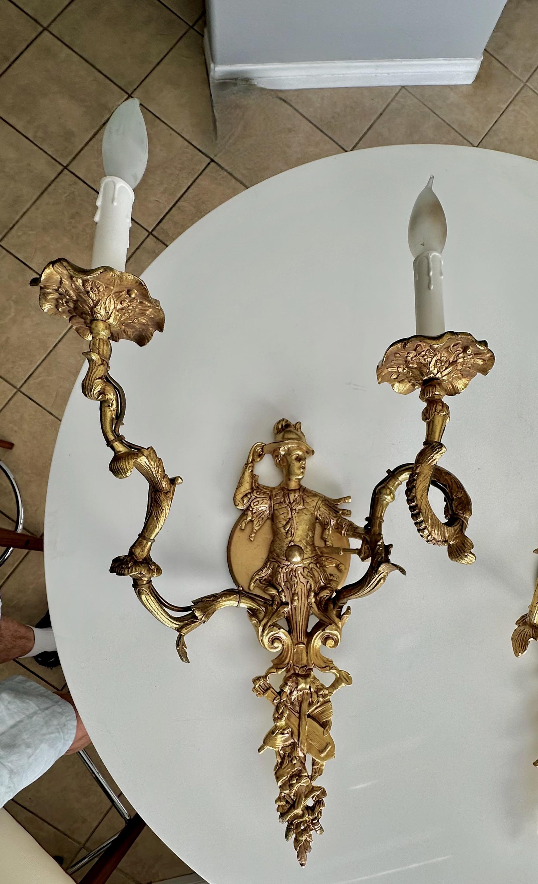 Large Pair French Gilt Bronze Chinoiserie Figural Wall Sconces For Sale 6