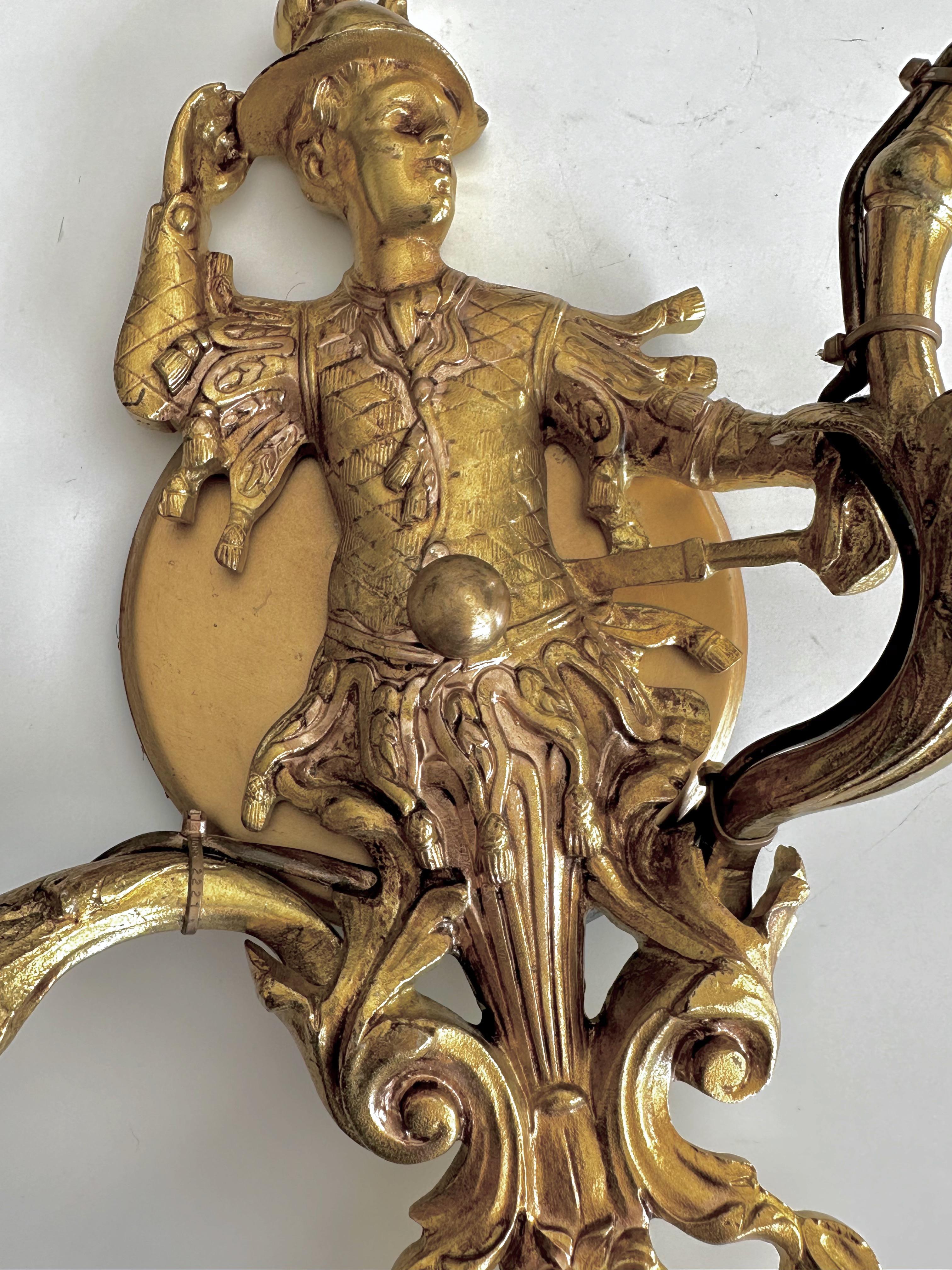Large Pair French Gilt Bronze Chinoiserie Figural Wall Sconces For Sale 7