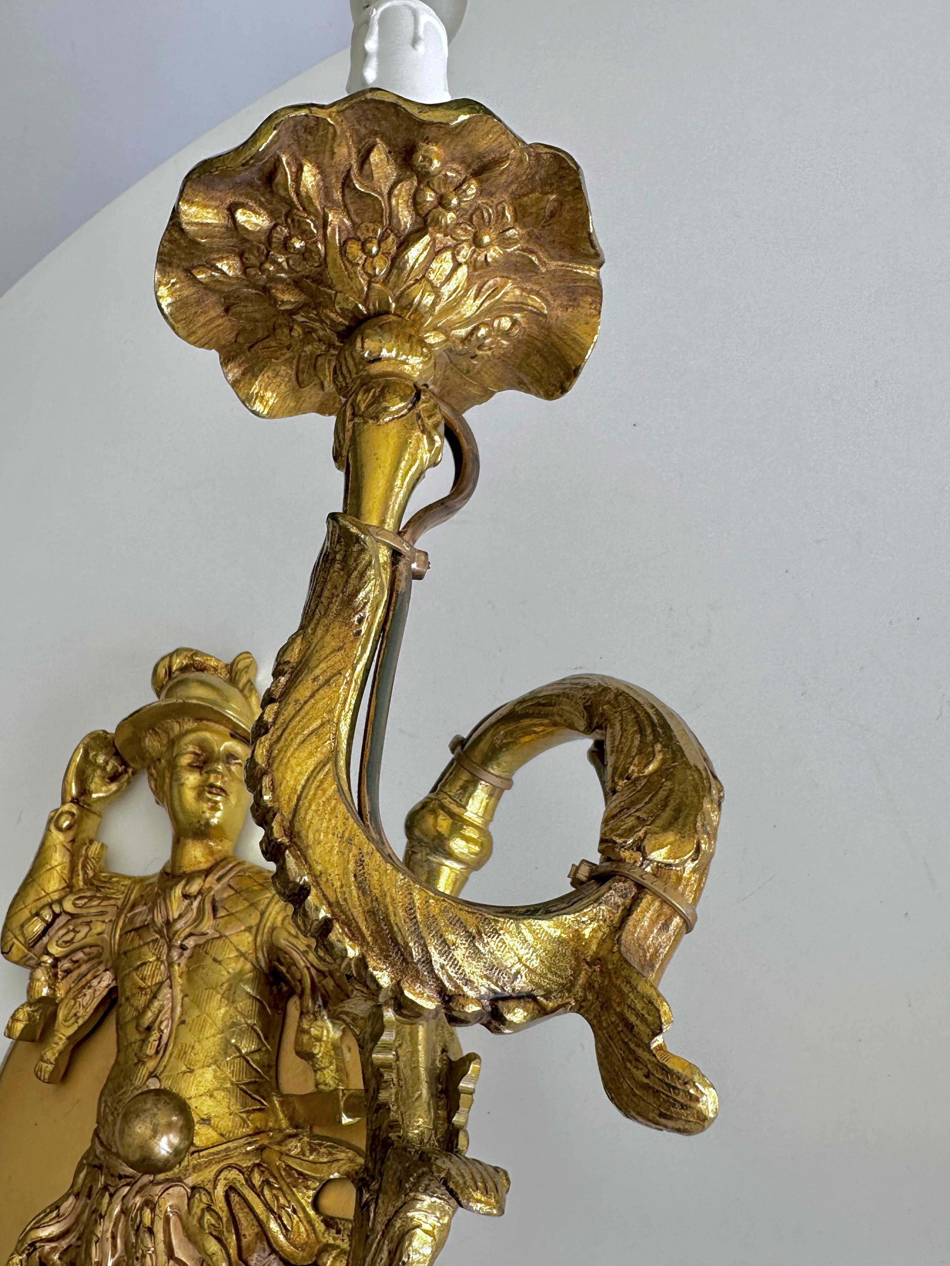 Large Pair French Gilt Bronze Chinoiserie Figural Wall Sconces For Sale 9