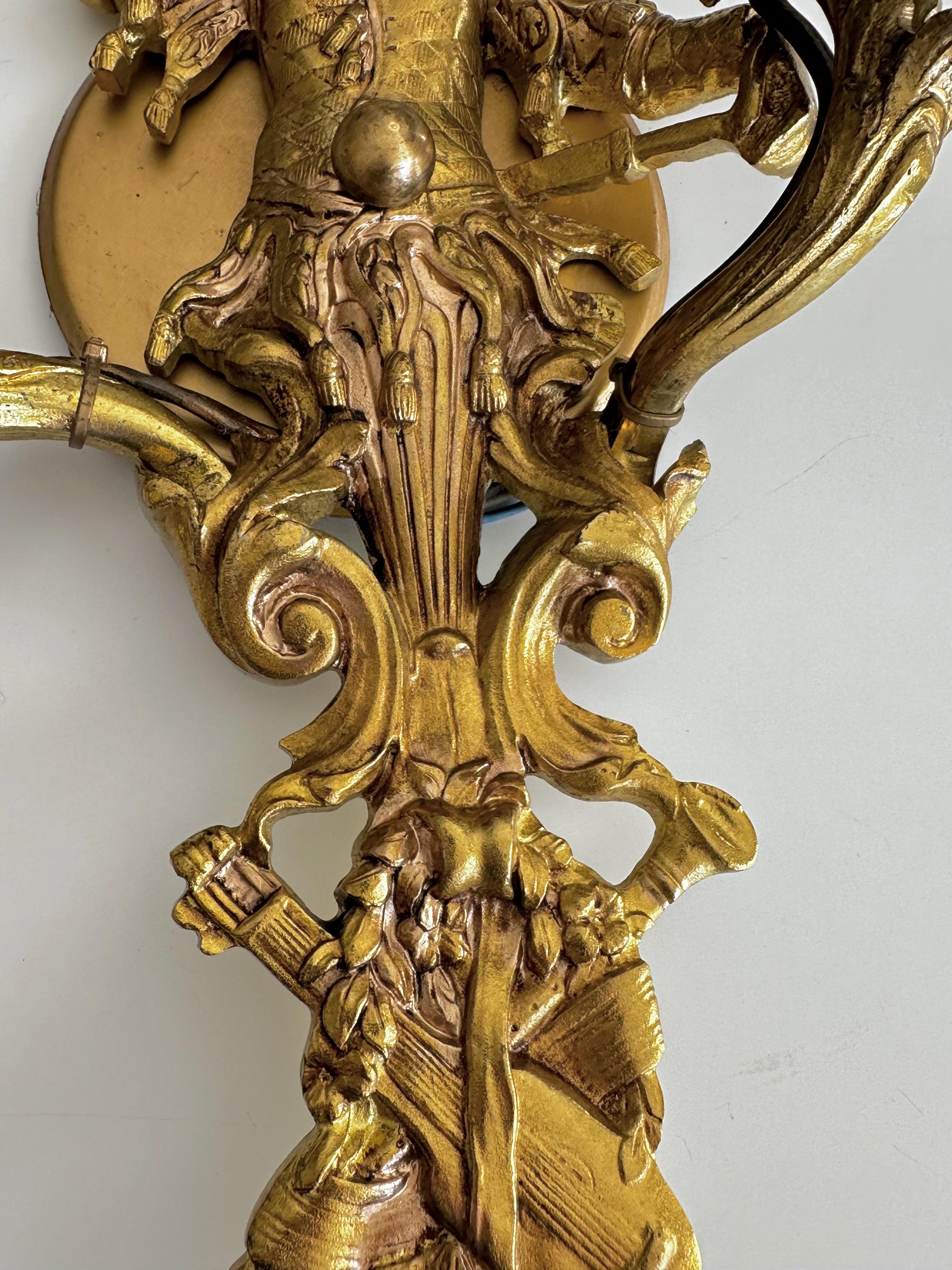 Large Pair French Gilt Bronze Chinoiserie Figural Wall Sconces For Sale 11
