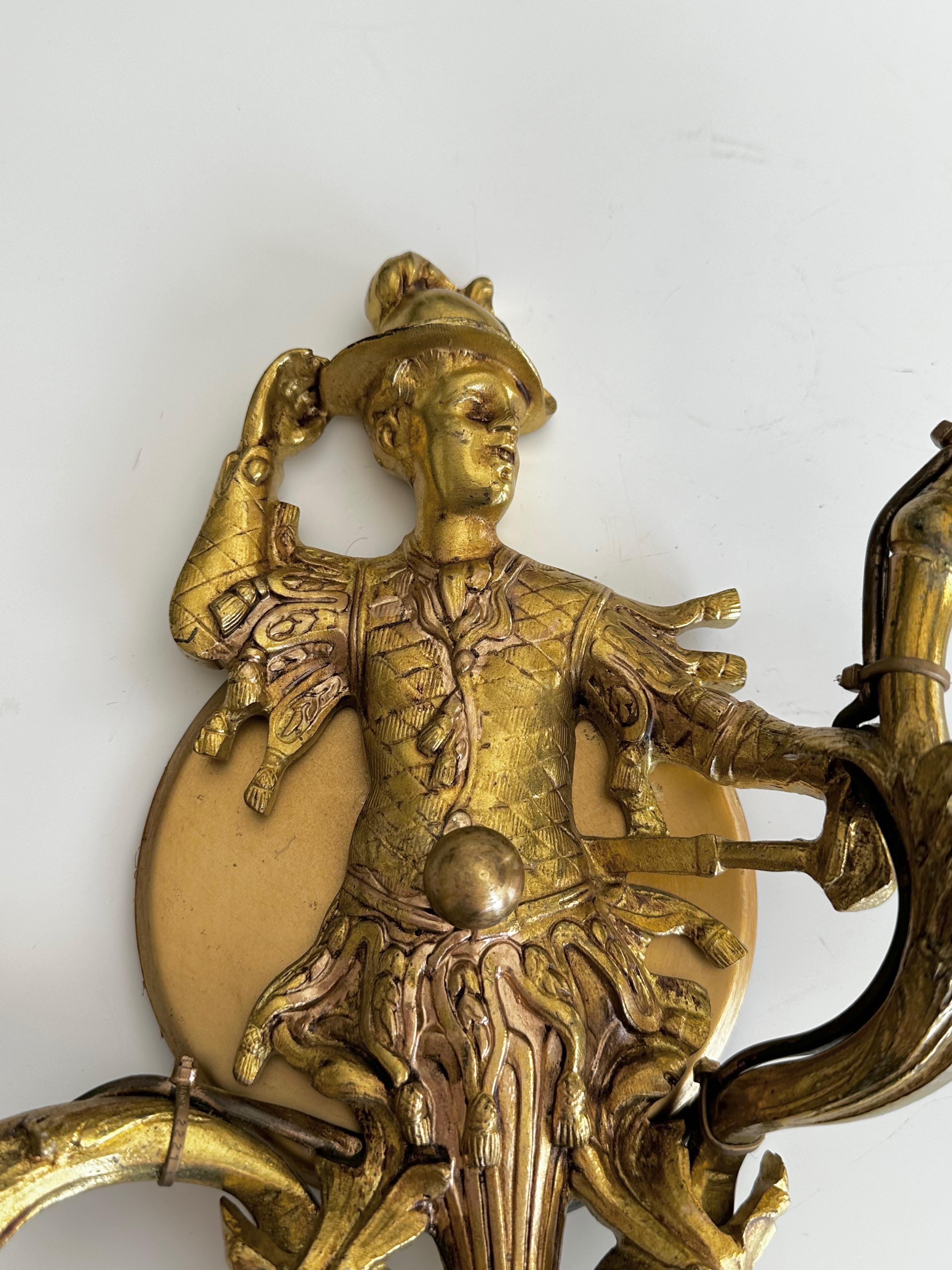 Large Pair French Gilt Bronze Chinoiserie Figural Wall Sconces For Sale 12