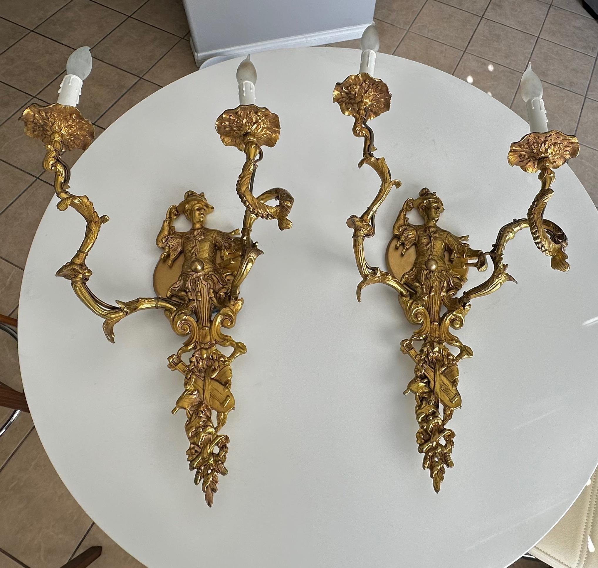 Large Pair French Gilt Bronze Chinoiserie Figural Wall Sconces For Sale 16