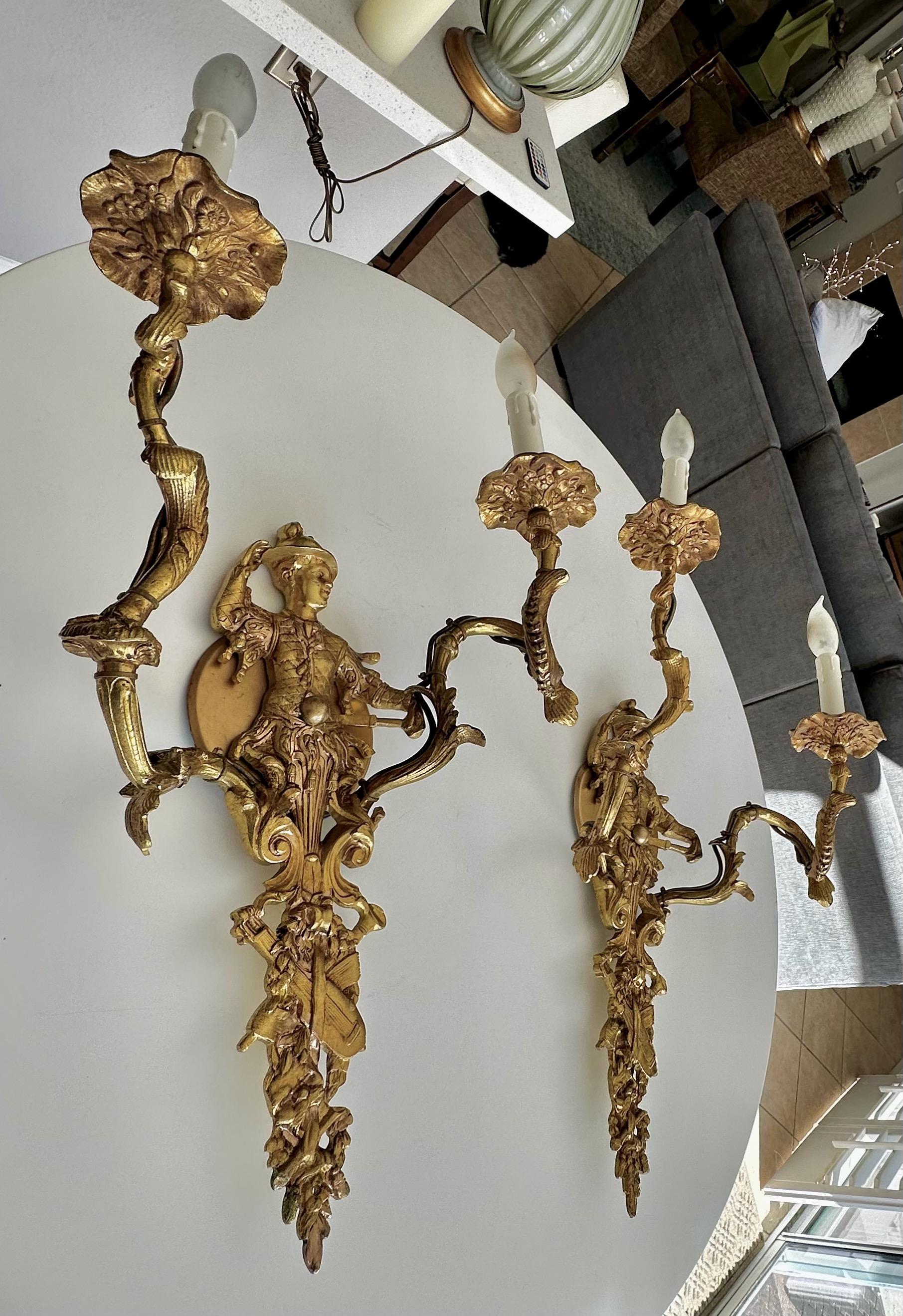 Mid-20th Century Large Pair French Gilt Bronze Chinoiserie Figural Wall Sconces For Sale