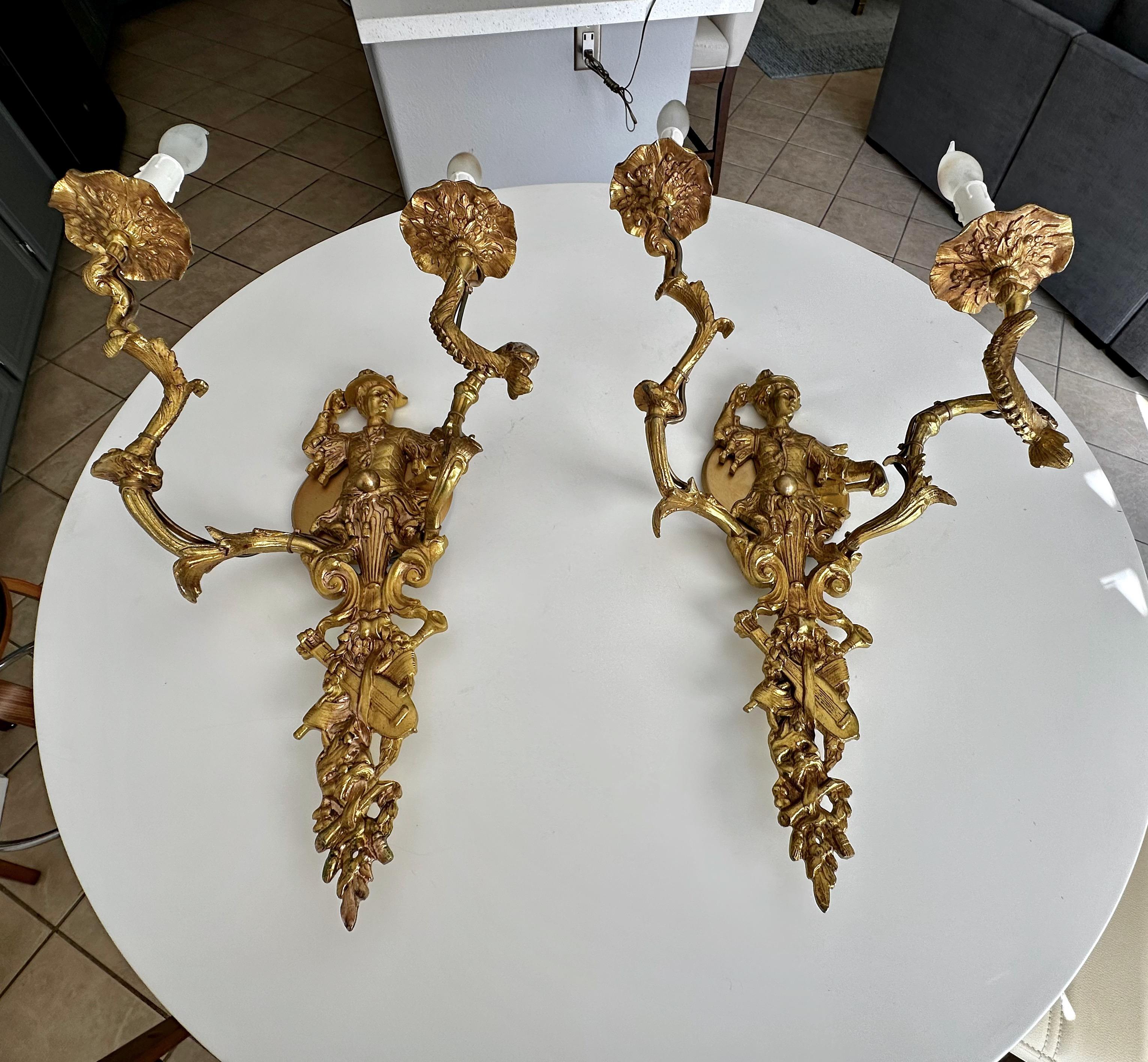 Large Pair French Gilt Bronze Chinoiserie Figural Wall Sconces For Sale 1