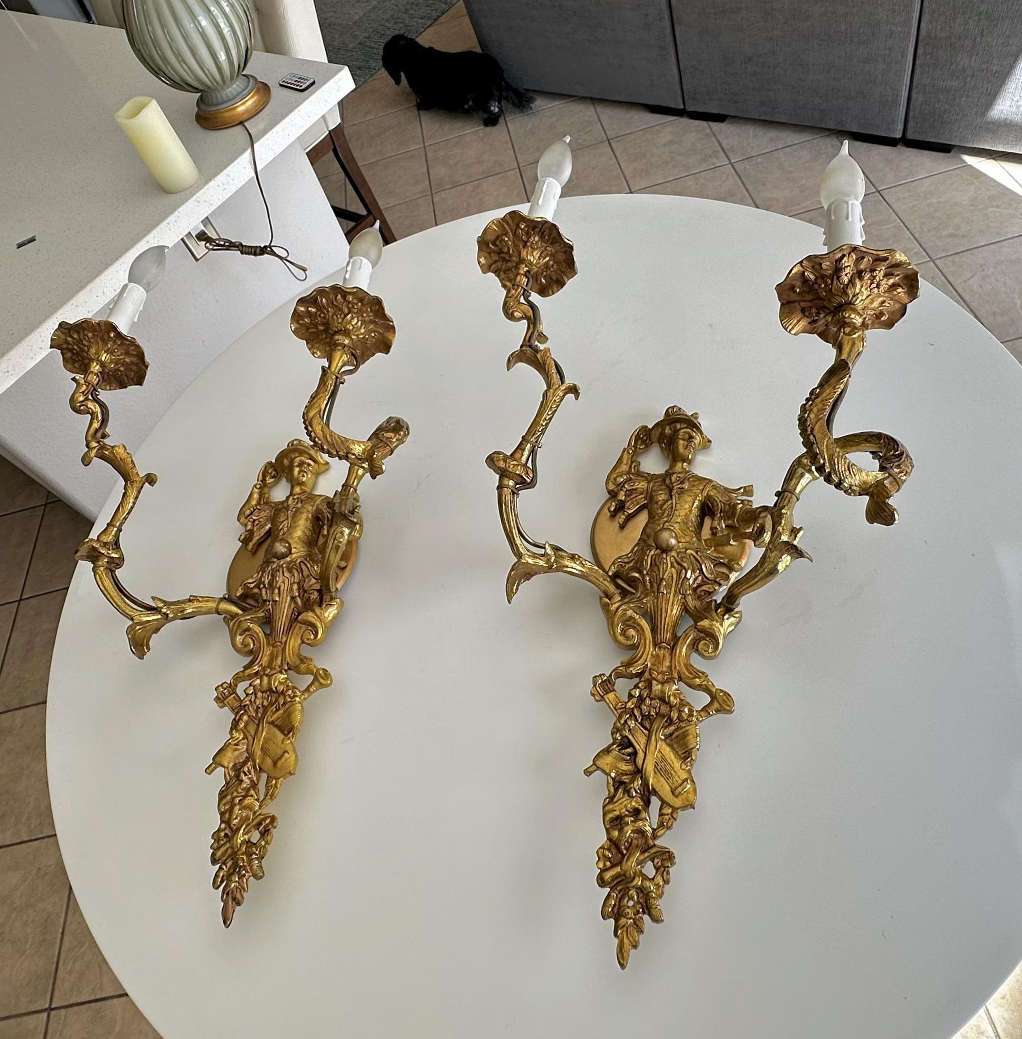 Large Pair French Gilt Bronze Chinoiserie Figural Wall Sconces For Sale 2
