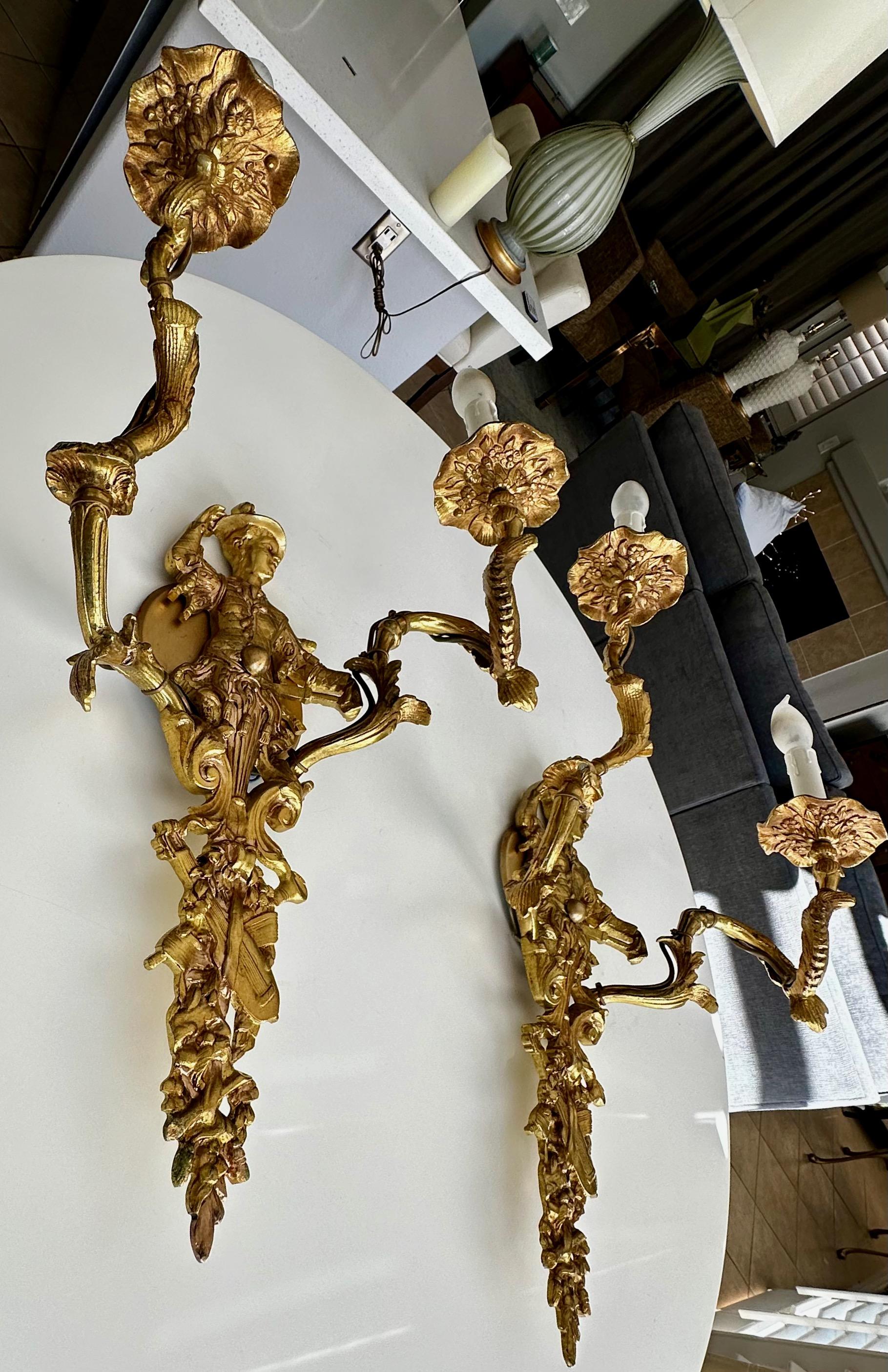 Large Pair French Gilt Bronze Chinoiserie Figural Wall Sconces For Sale 3