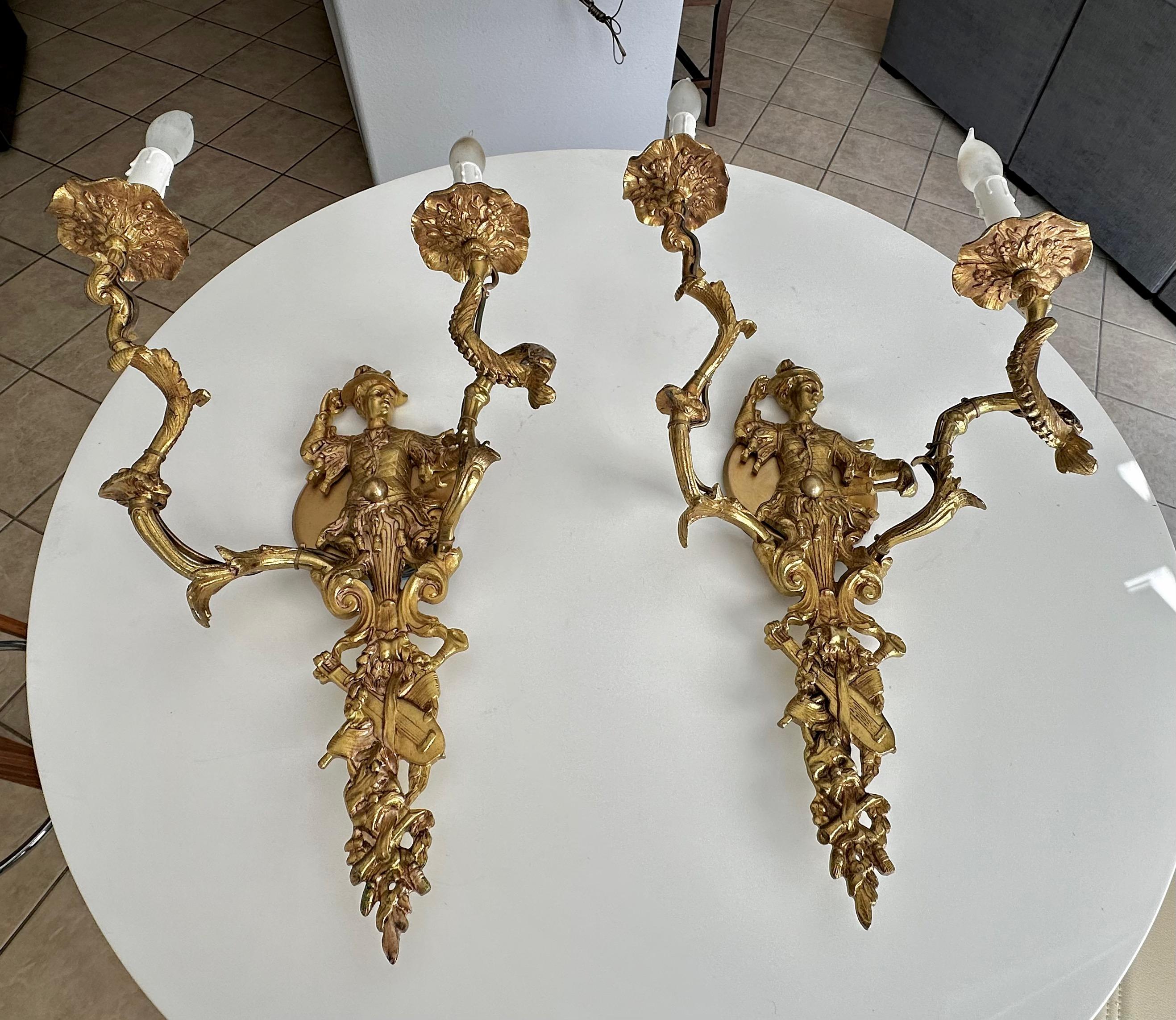 Large Pair French Gilt Bronze Chinoiserie Figural Wall Sconces For Sale 4