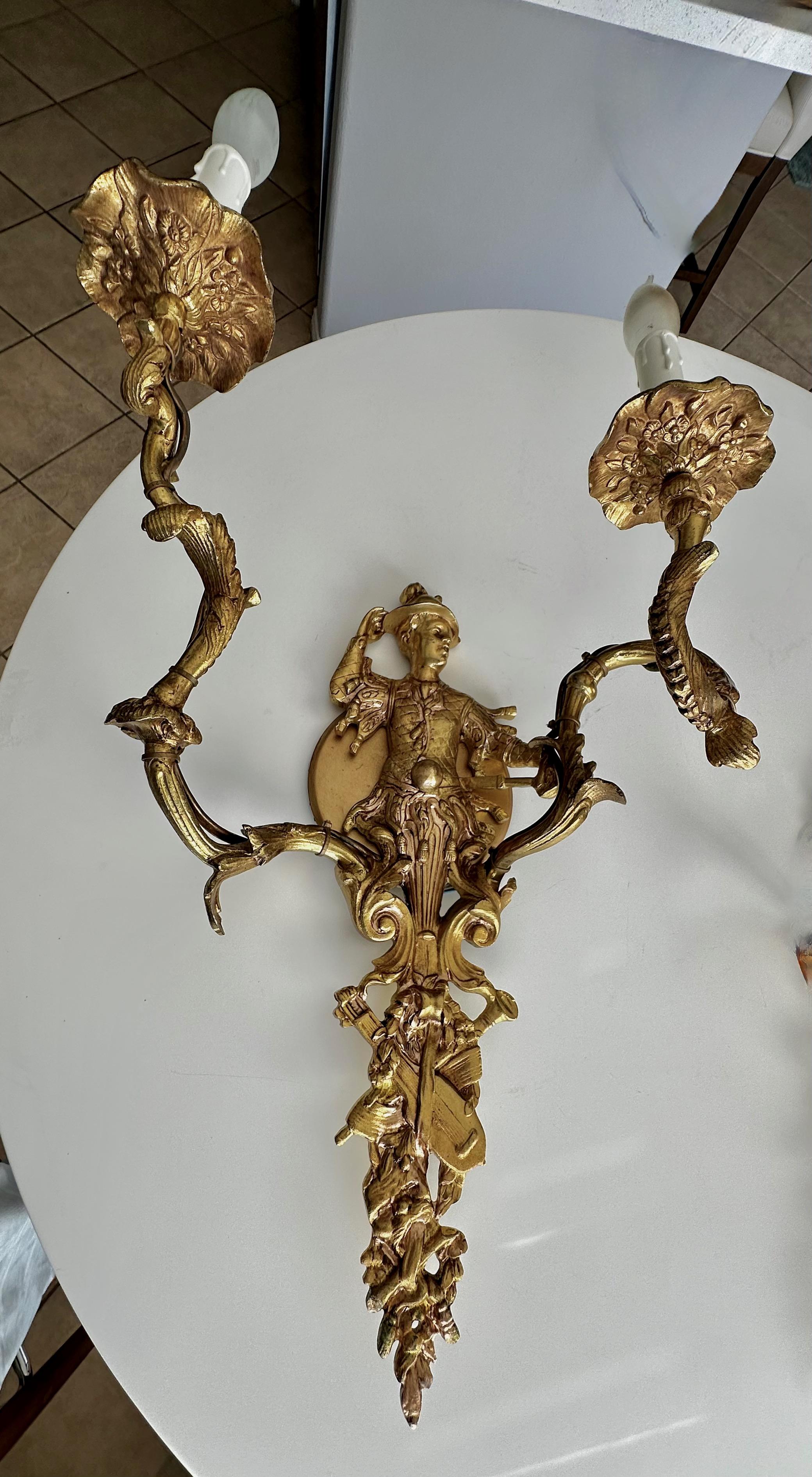 Large Pair French Gilt Bronze Chinoiserie Figural Wall Sconces For Sale 5