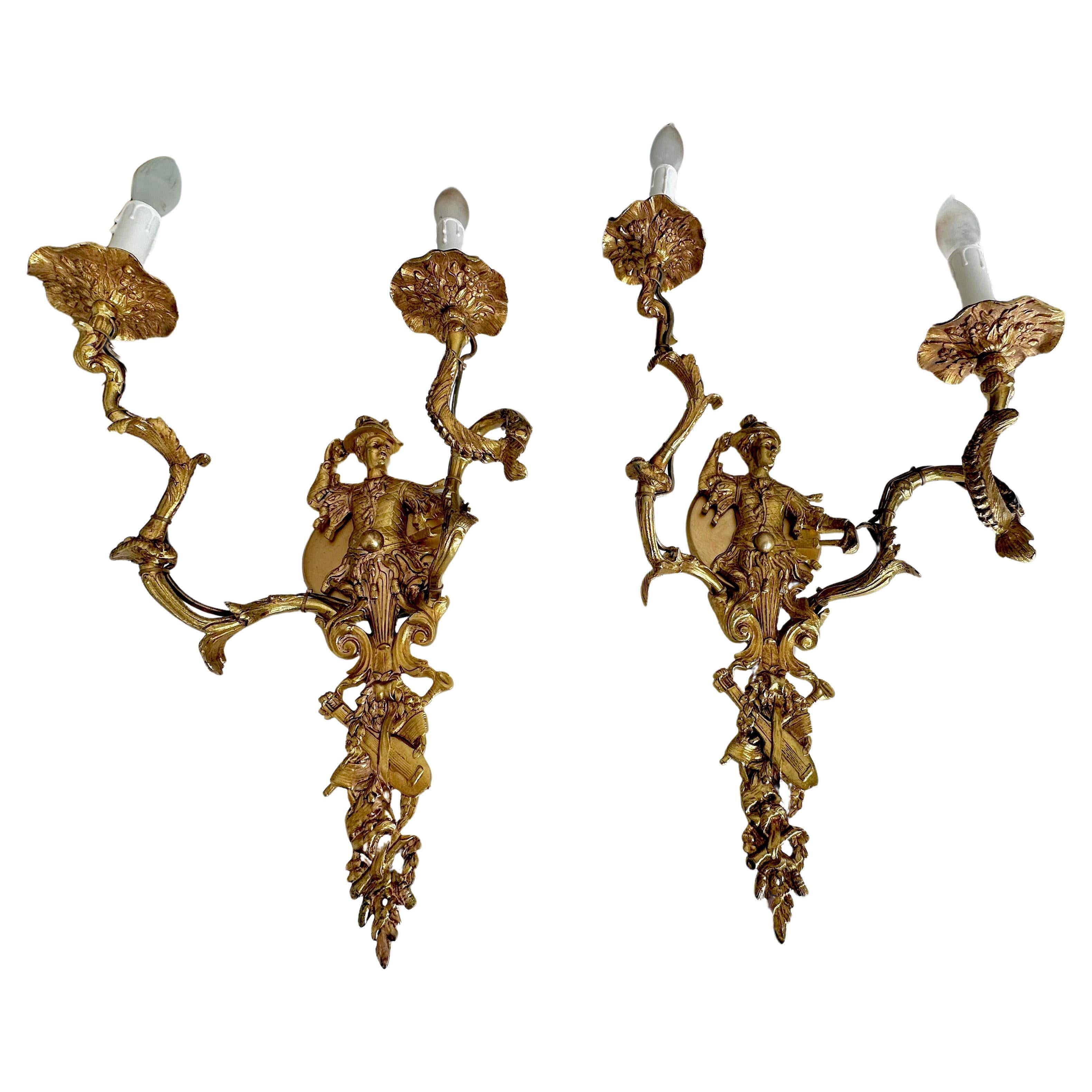Large Pair French Gilt Bronze Chinoiserie Figural Wall Sconces For Sale