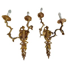 Vintage Large Pair French Gilt Bronze Chinoiserie Figural Wall Sconces