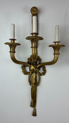 Large Pair French Gilt Bronze Louis XVI Style Three arm Sconces