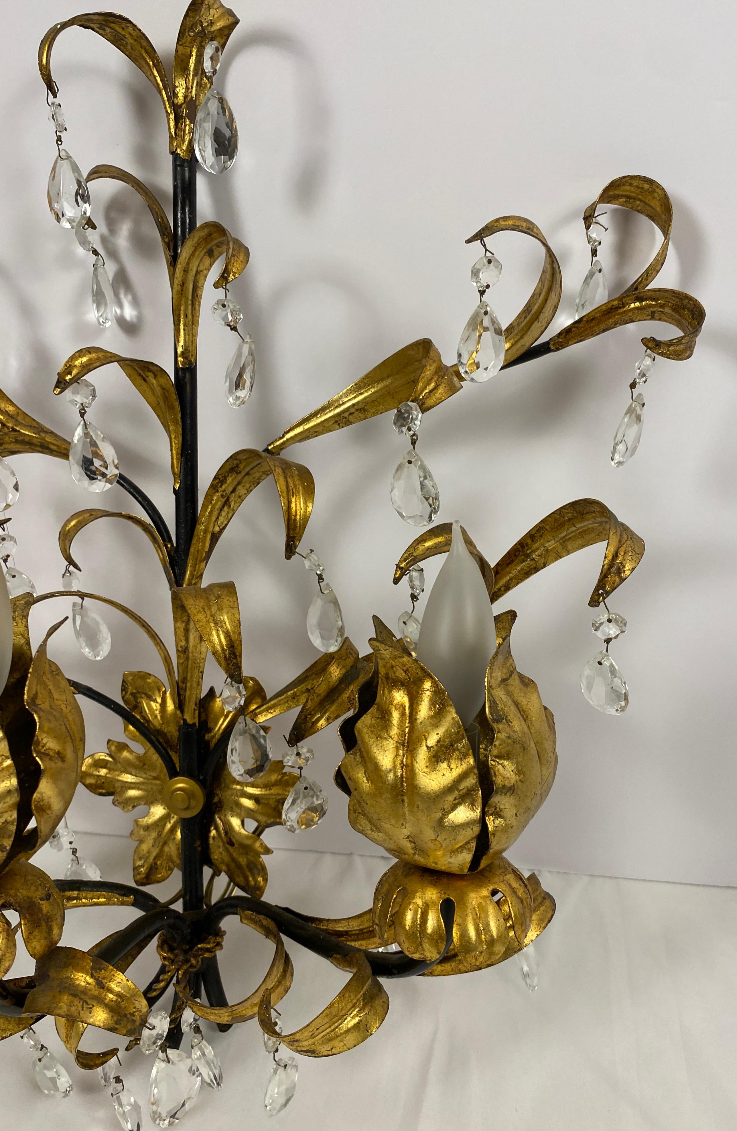 Metal Large Pair French Gold Gilt Rock Crystal Flower Sconces, Maison Baguès Sconces For Sale