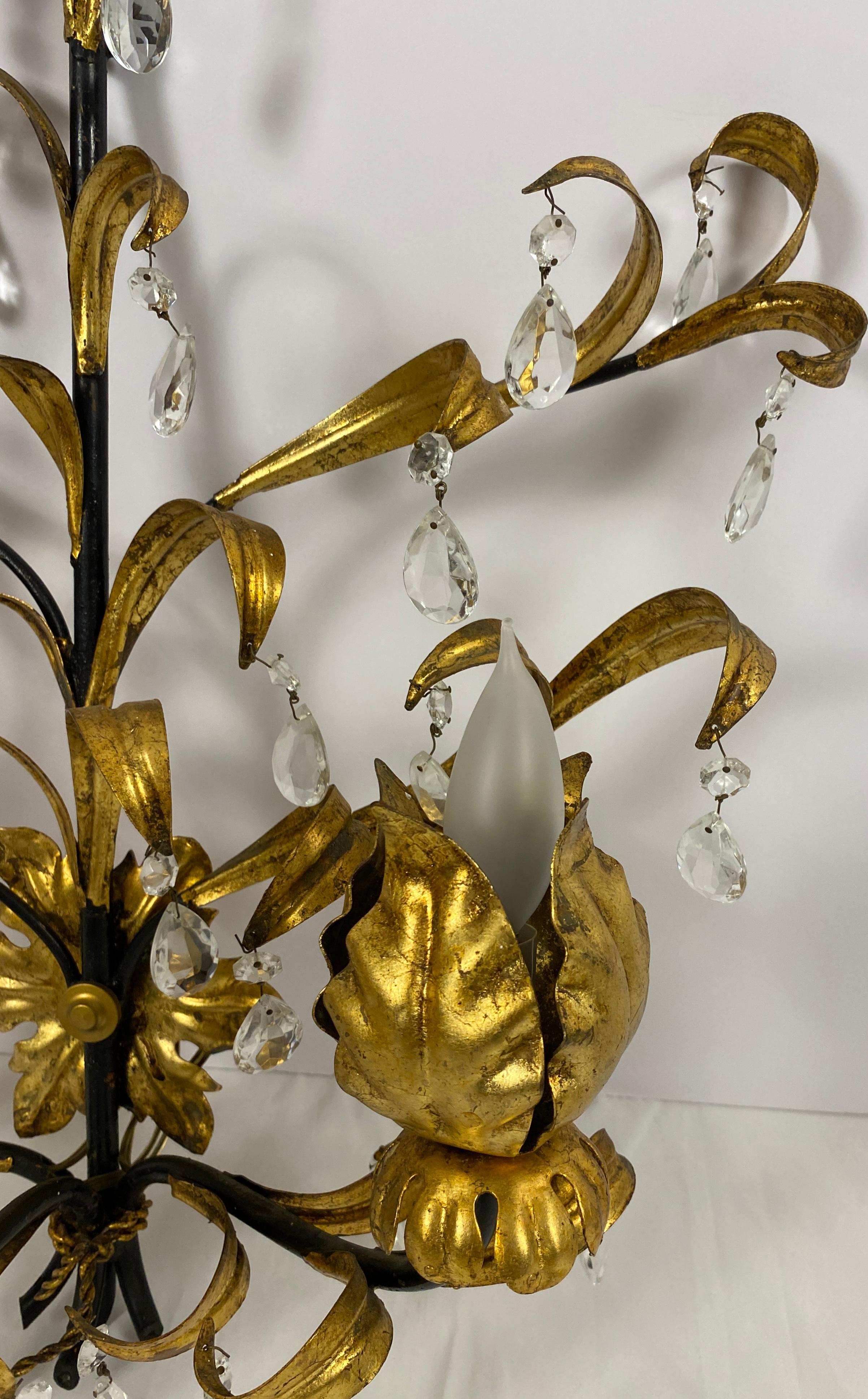 Large Pair French Gold Gilt Rock Crystal Flower Sconces, Maison Baguès Sconces For Sale 1